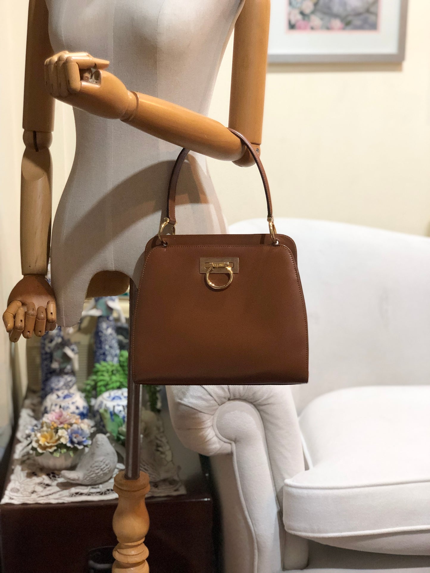 Authentic Celine Vintage Caramel Brown Leather Handbag
