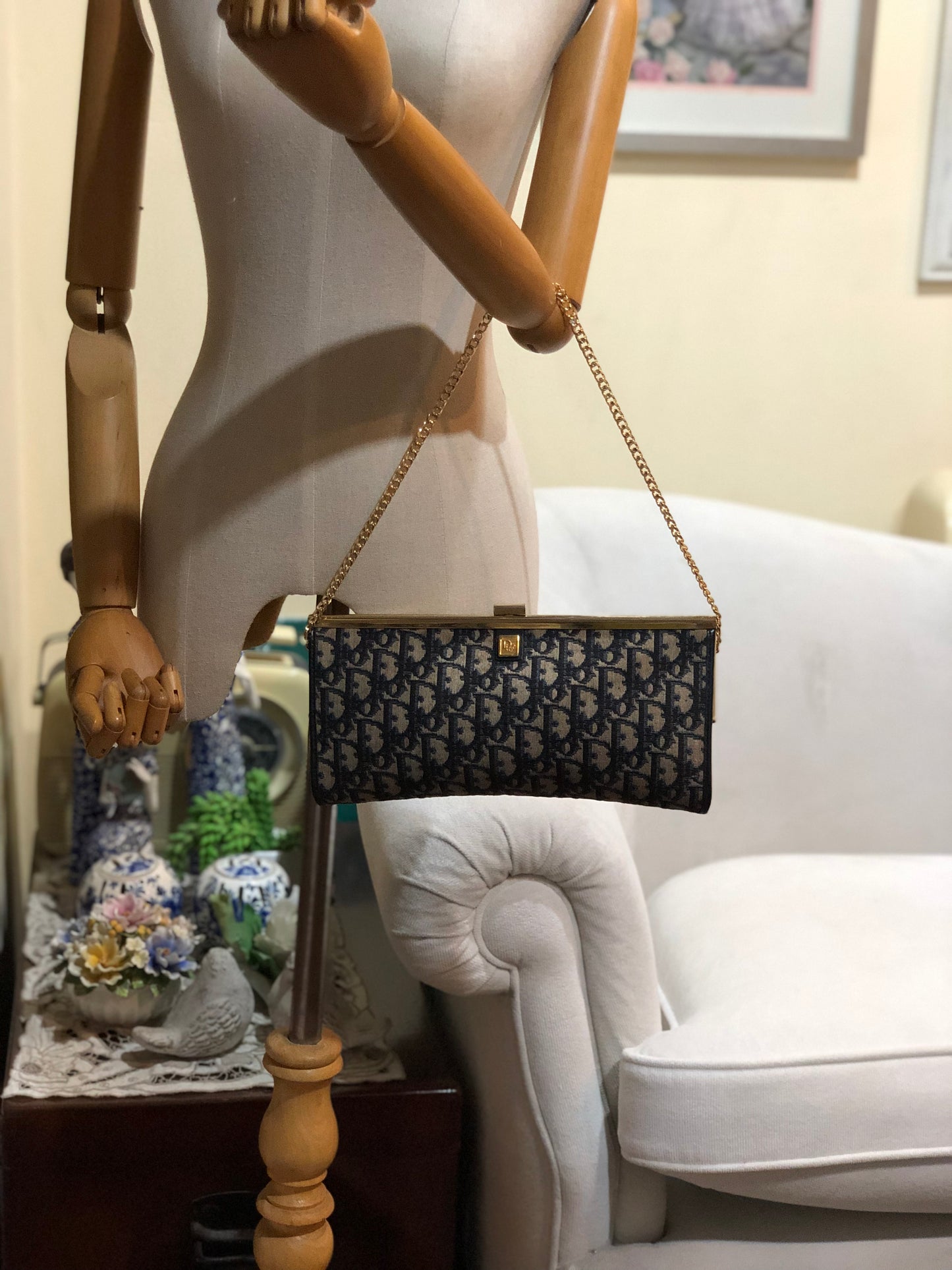 Authentic Dior Navy Blue Trotter Kiss-Lock Vintage Clutch Added Strap
