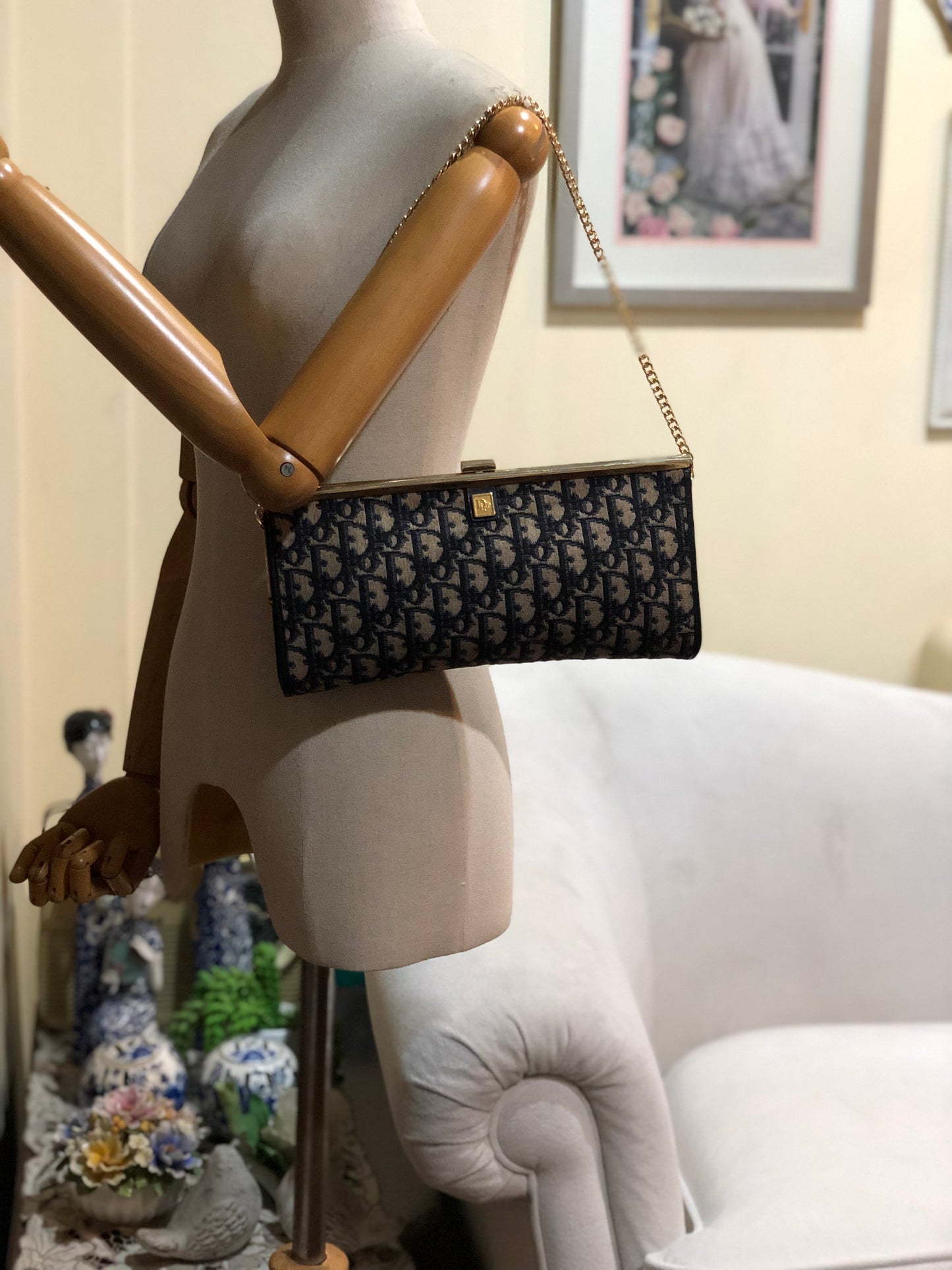 Authentic Dior Navy Blue Trotter Kiss-Lock Vintage Clutch Added Strap