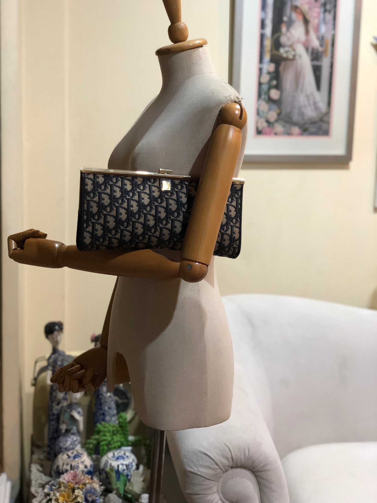 Authentic Dior Navy Blue Trotter Kiss-Lock Vintage Clutch Added Strap