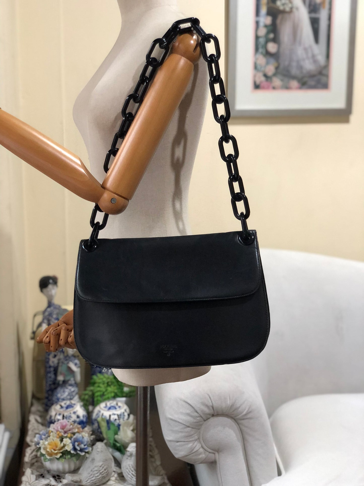 Authentic Prada Baguette Black Leather Acrylic Chain Strap Shoulder Bag