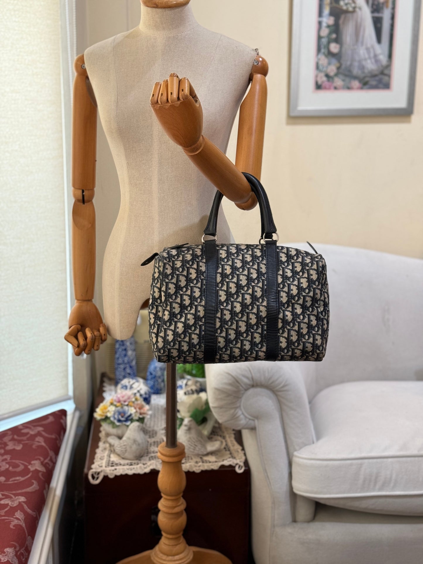 Authentic Christian Dior Navy Blue Trotter Jacquard Canvas Boston 30 Bowling Bag