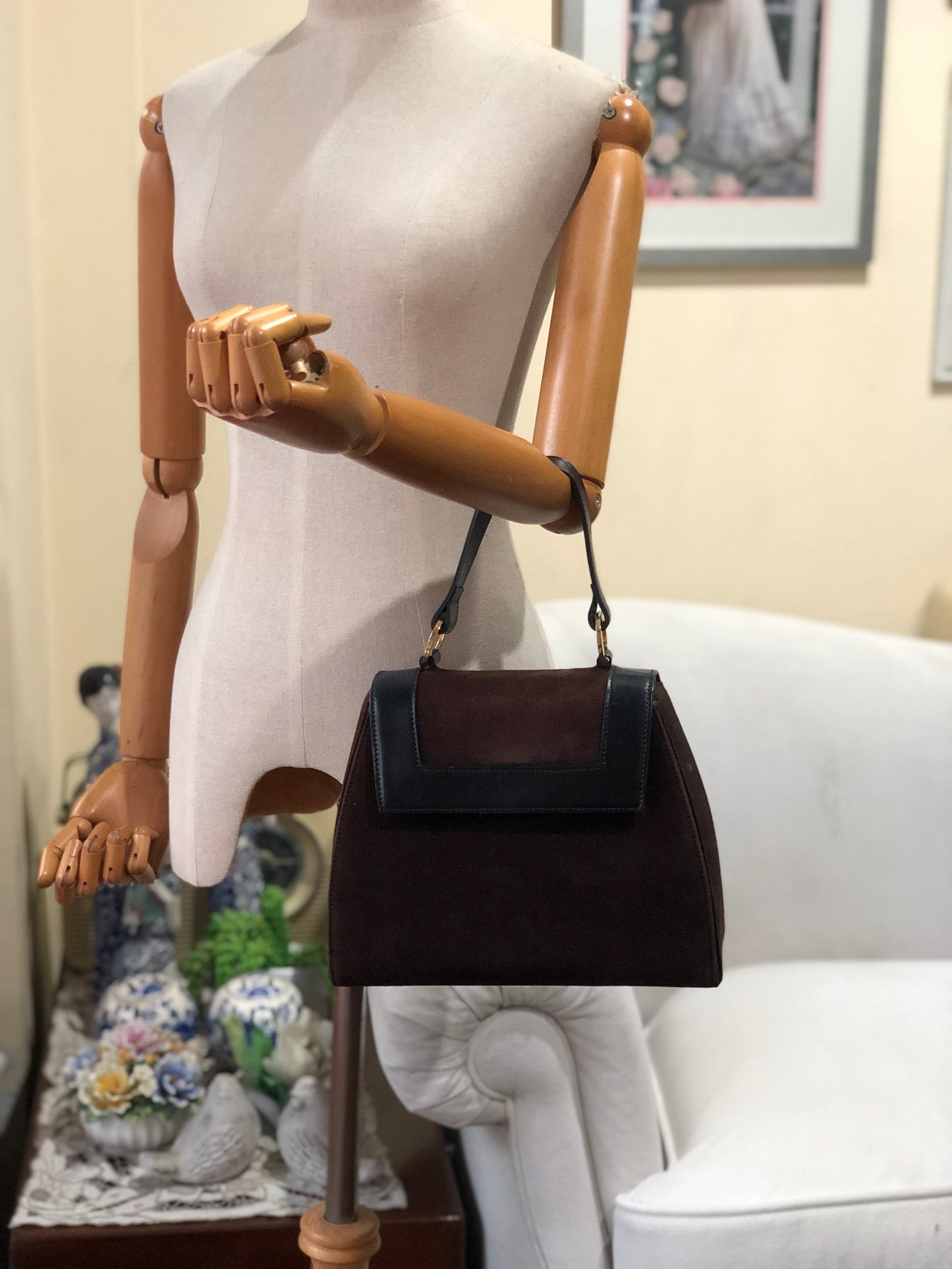 Authentic Celine Vintage Dark Brown Suede Handbag