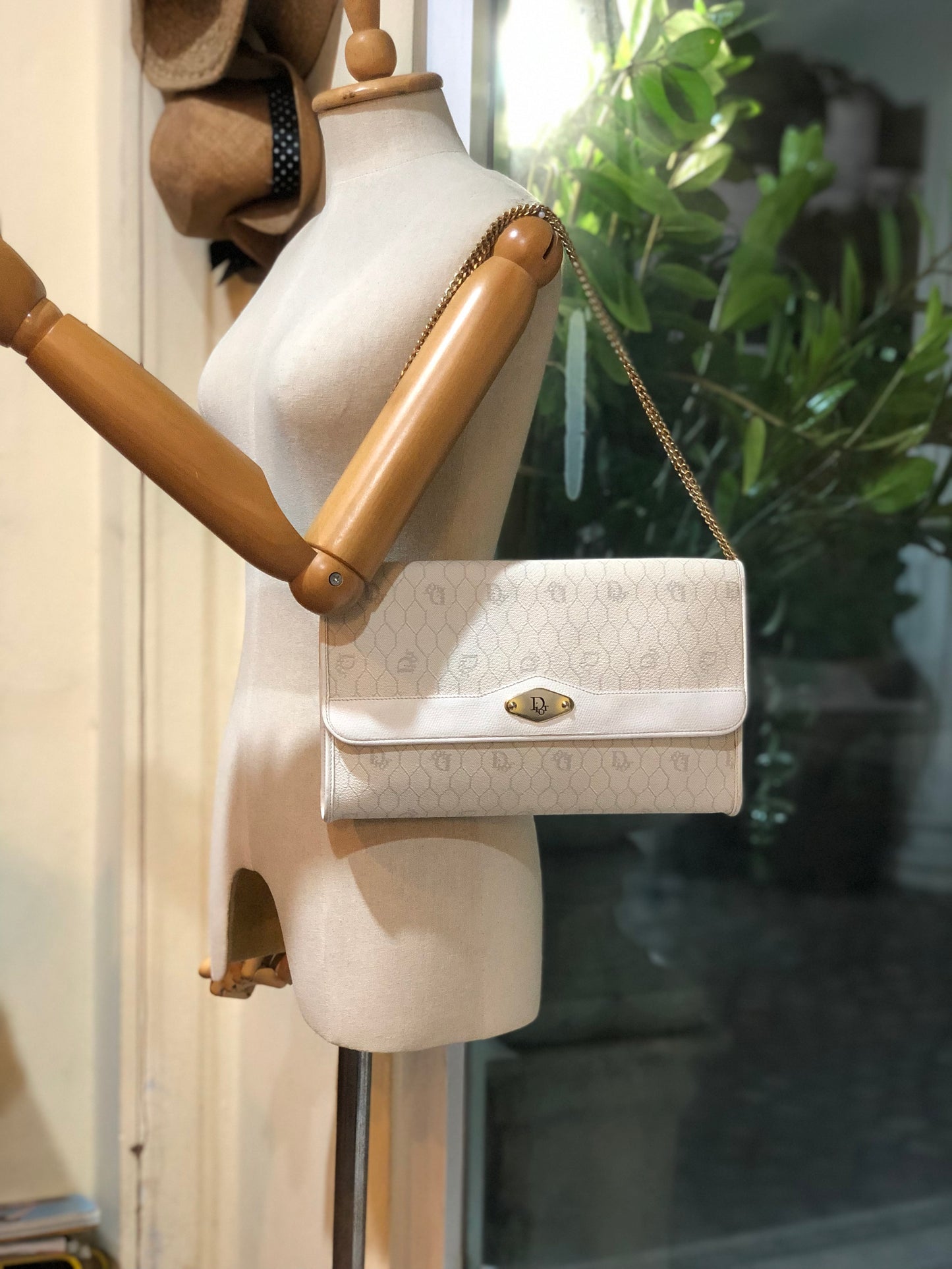 Authentic Christian Dior Vintage White Honeycomb Coated Canvas Clutch Shoulder Bag