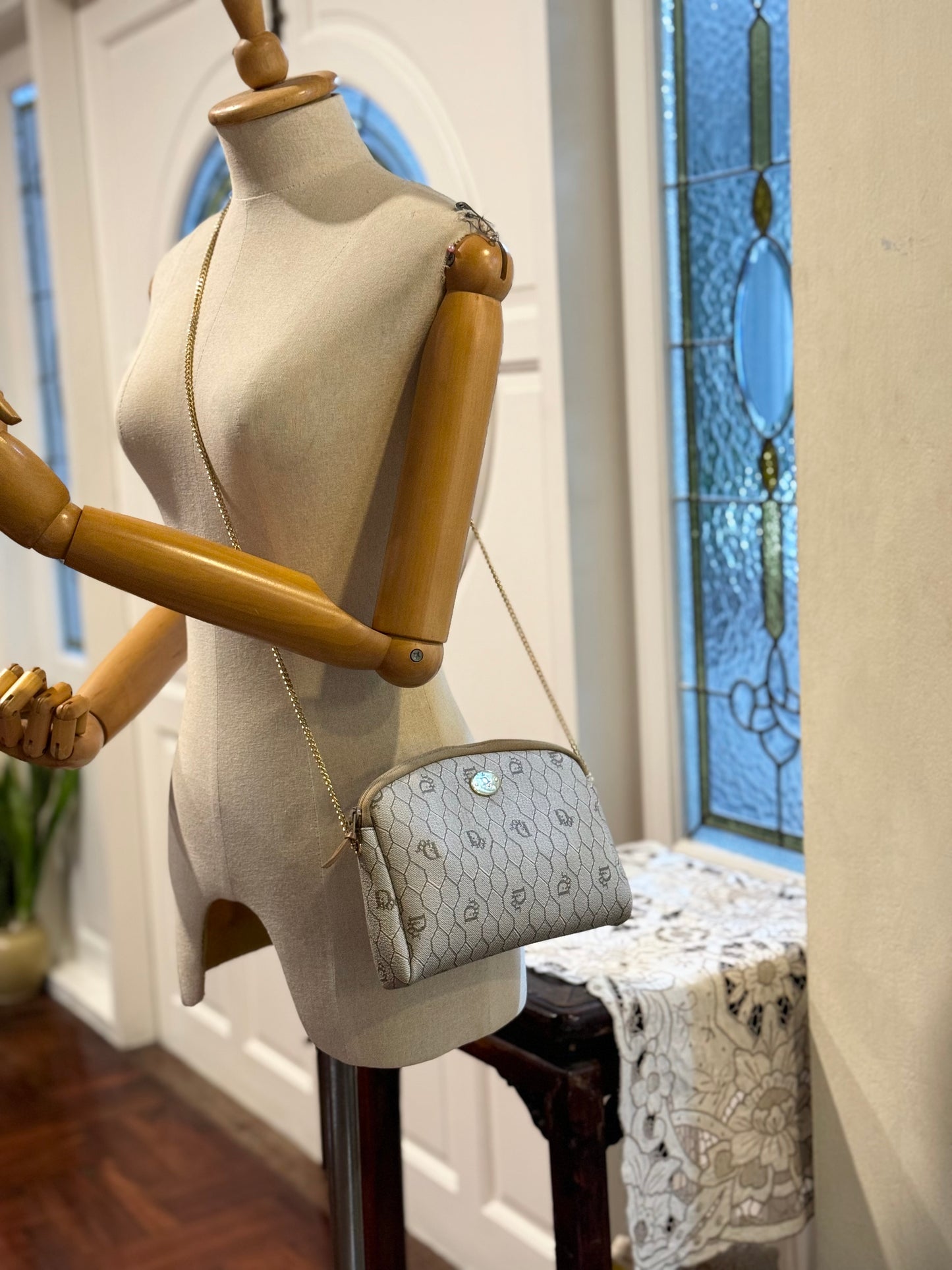 Authentic Dior Beige Honeycomb Crossbody Bag & Coin Purse