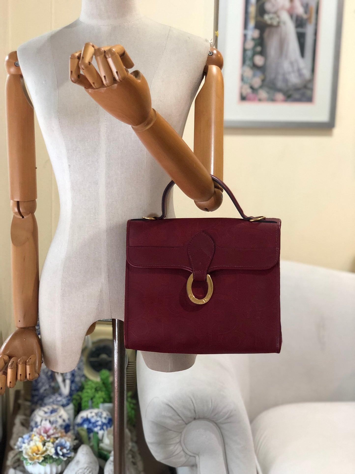 Authentic Christian Dior Vintage Red Dior Logo Canvas Crossbody Hand Bag