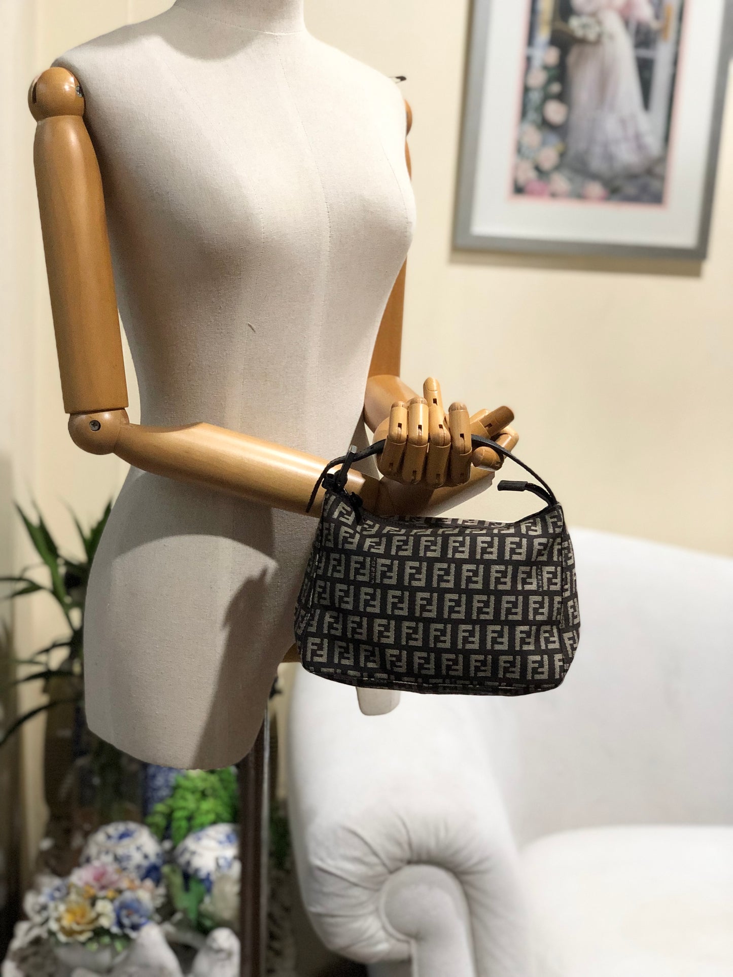 Authentic Fendi Brown & Beige FF Zucca Jacquard Cloth Small Handbag