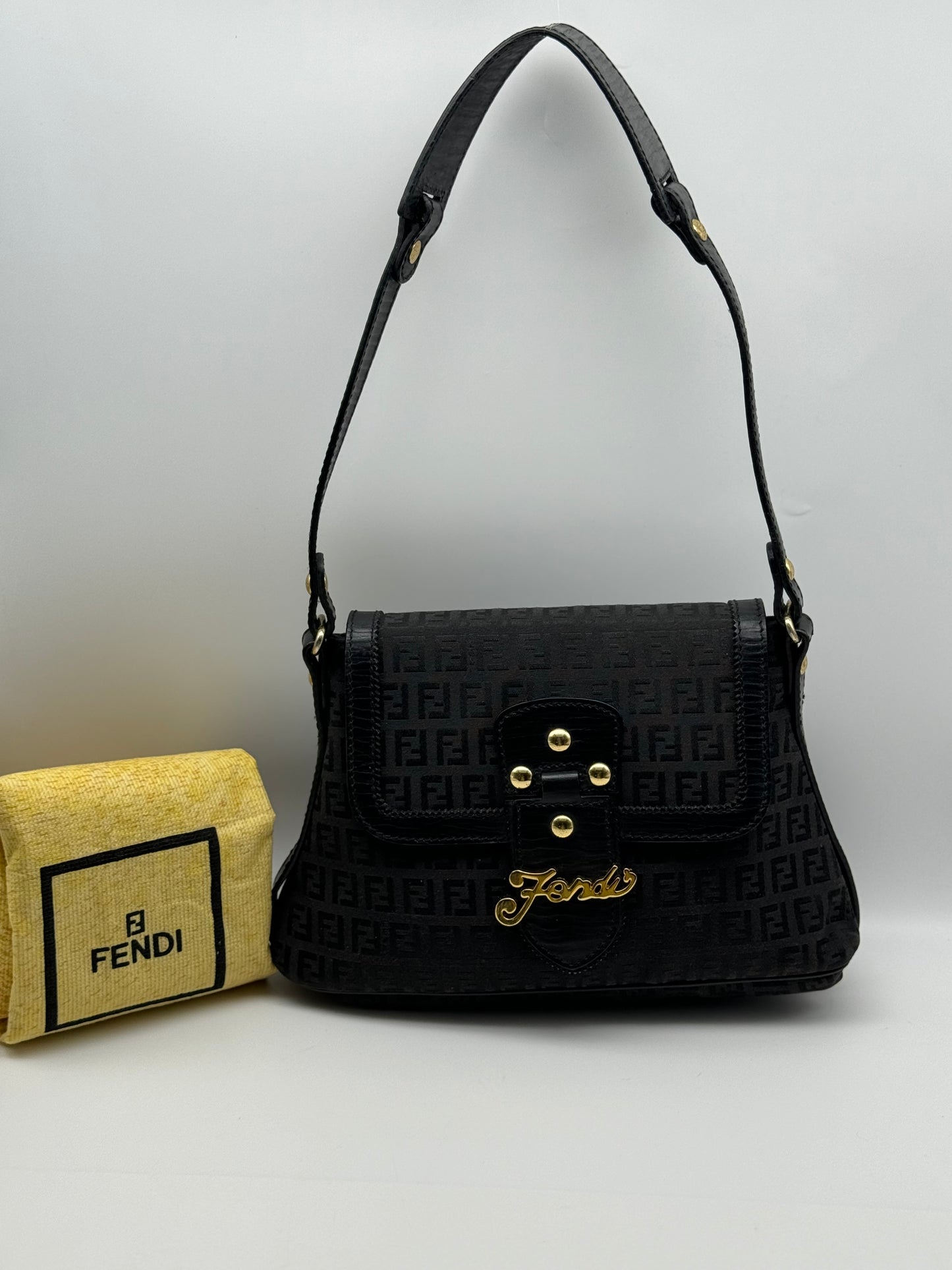 Authentic Fendi Vintage Baguette Black Cloth Shoulder Bag