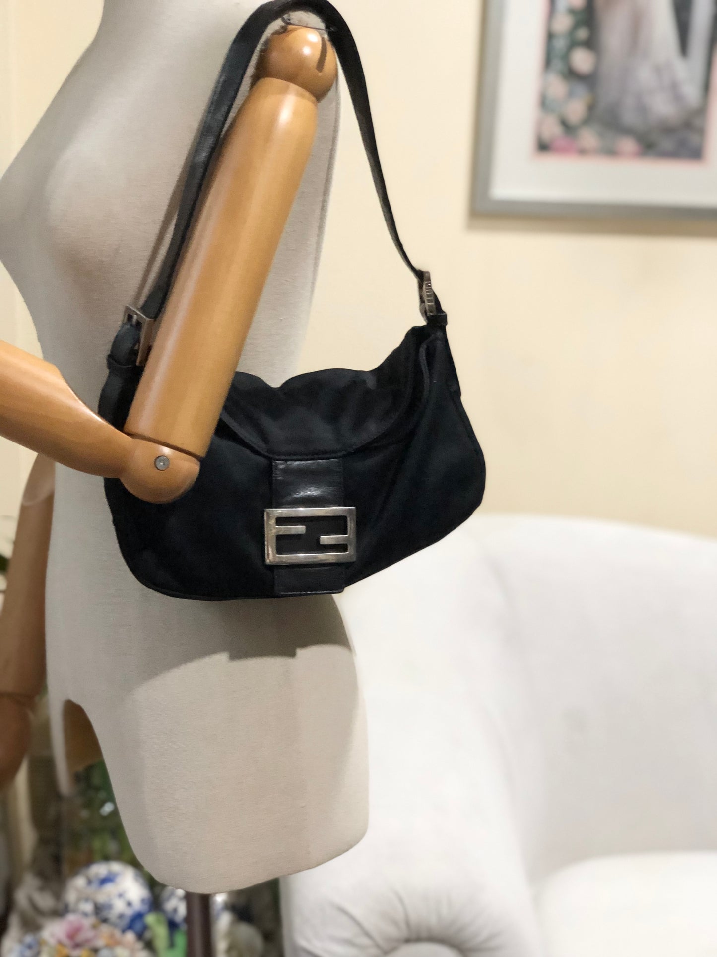 Authentic Fendi Mamma Baguette Black Fabric Double Flap Shoulder Bag