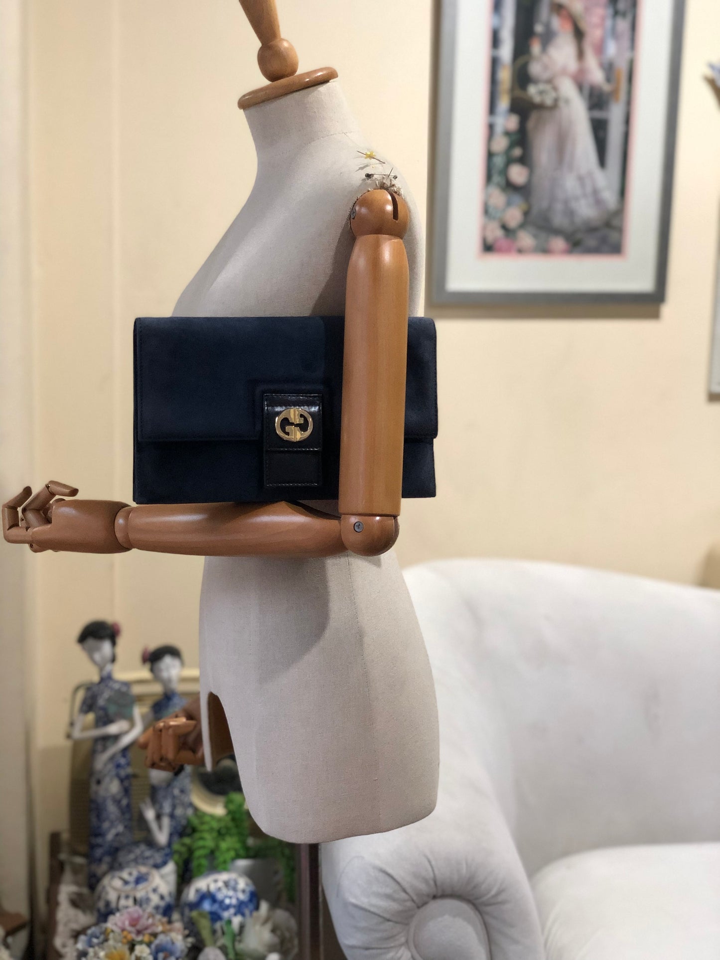 Authentic Gucci Vintage 1970s Navy Blue Suede Clutch Shoulder Bag