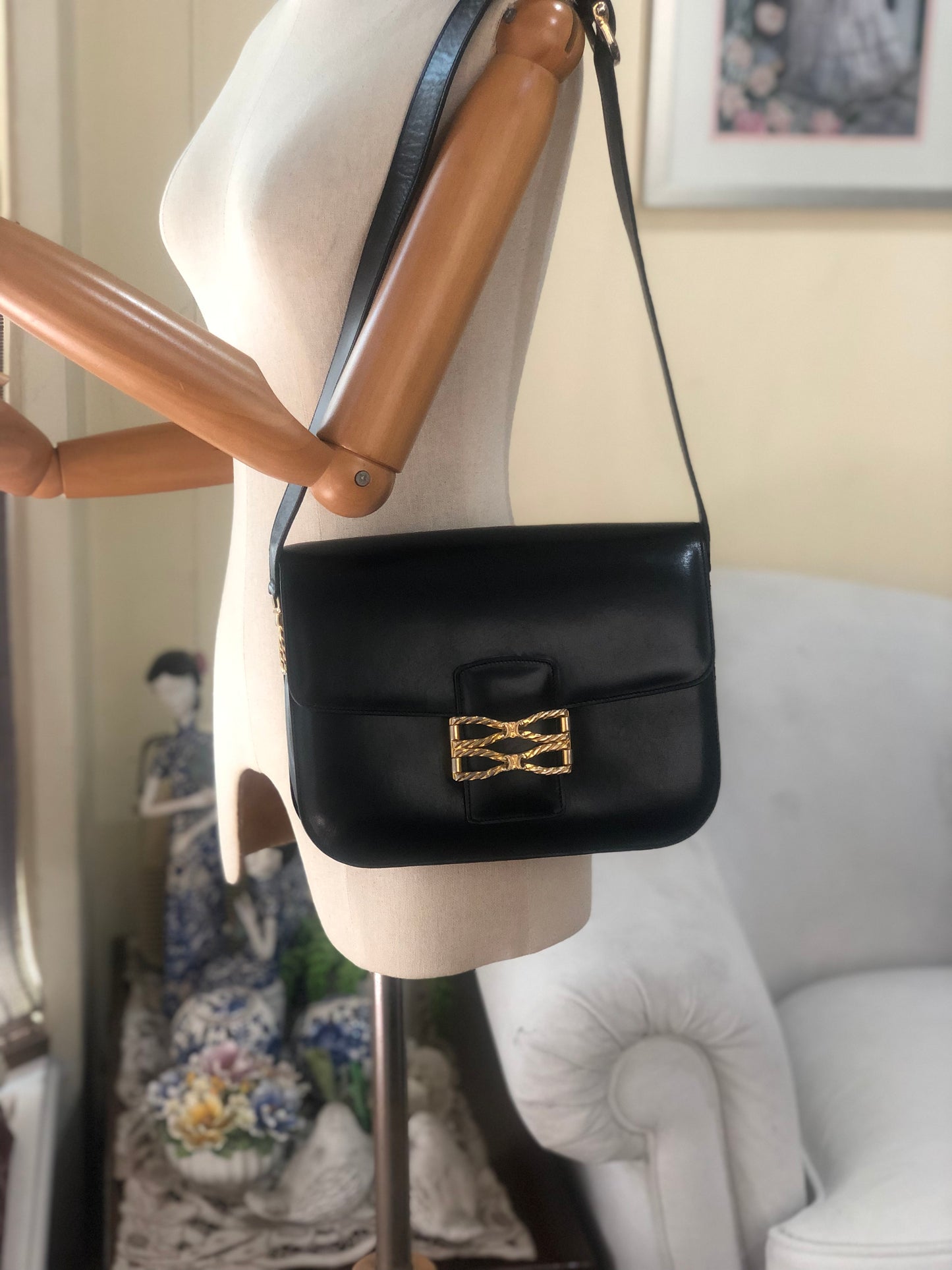 Authentic Celine Vintage Black Leather Shoulder Bag