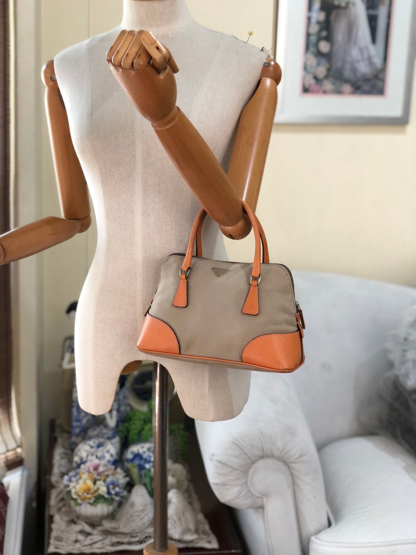 Authentic Prada Beige Canvas Orange Leather Mini Satchel Handbag