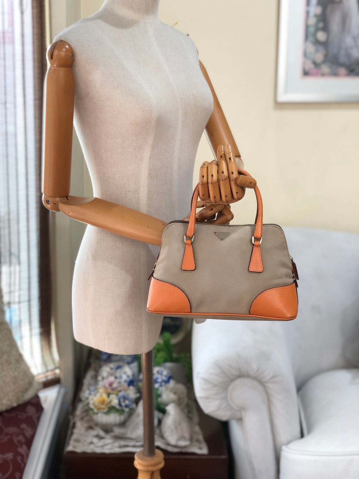 Authentic Prada Beige Canvas Orange Leather Mini Satchel Handbag