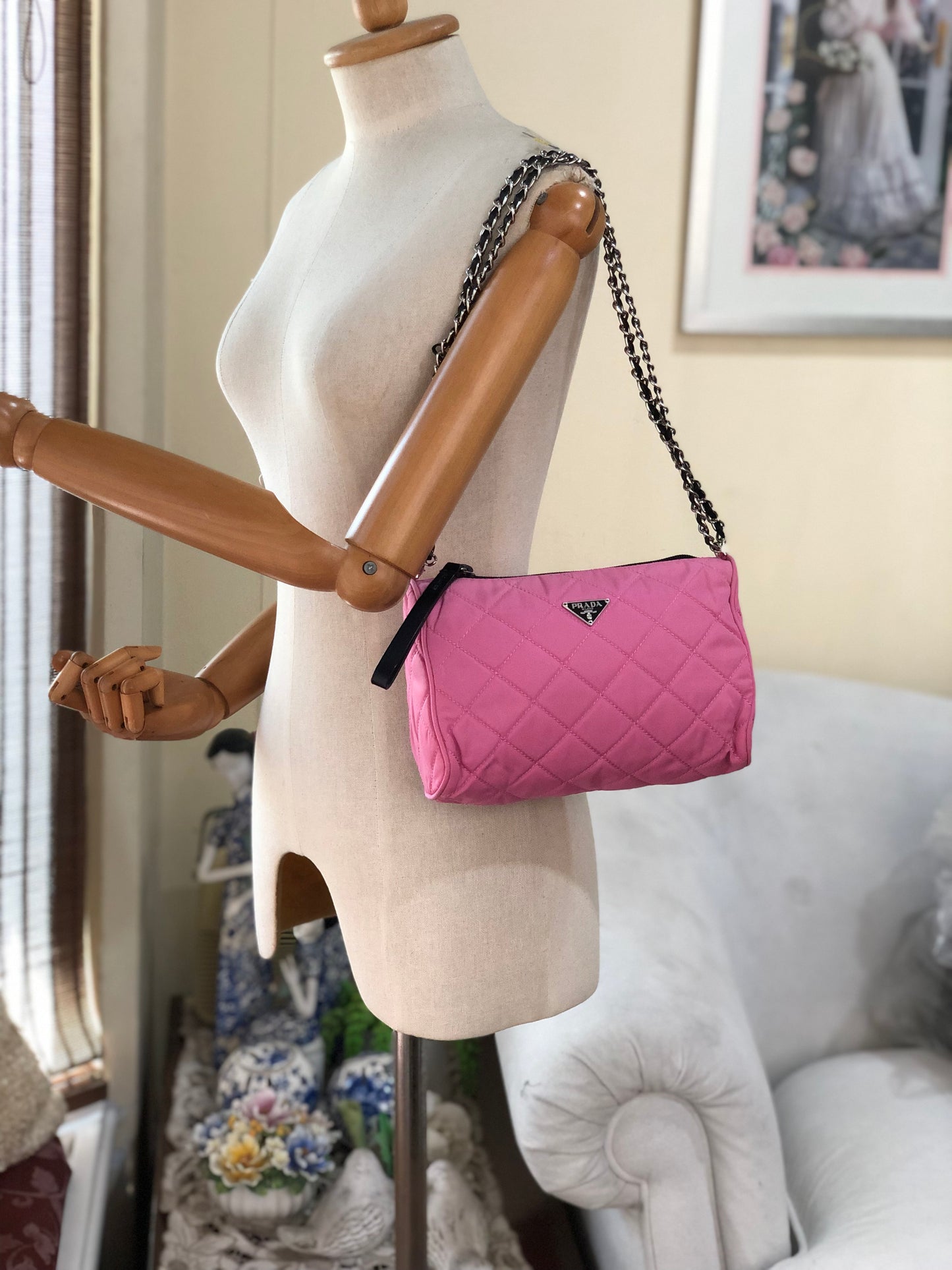 Authentic Prada Cosmetic Clutch Shocking Pink Quilted Nylon Added Strap Crossbody Shoulder Bag