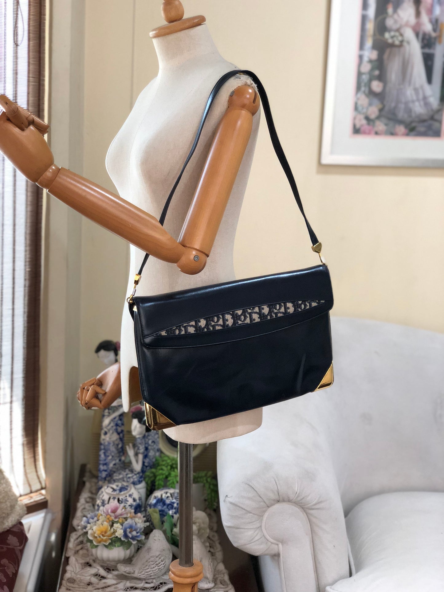 Authentic Christian Dior Vintage 1980s Navy Blue Leather & Trotter Large Clutch Shoulder Bag