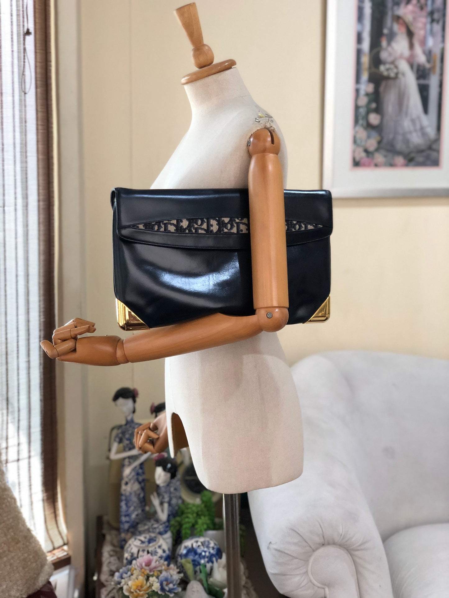 Authentic Christian Dior Vintage 1980s Navy Blue Leather & Trotter Large Clutch Shoulder Bag