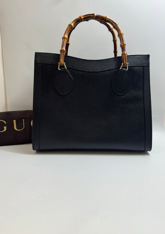 Authentic GUCCI Vintage Bamboo Handles Black Leather Diana Tote