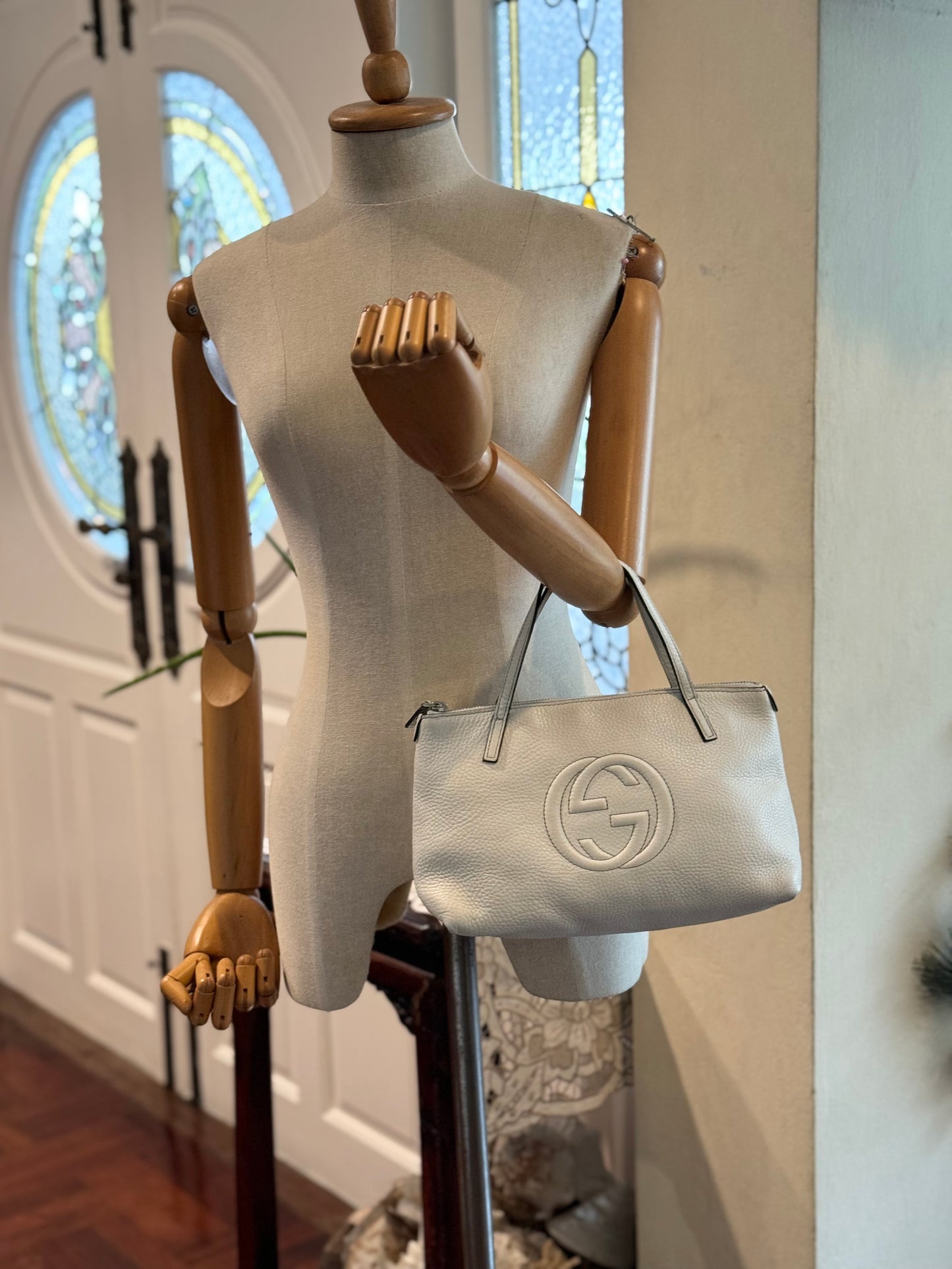 Authentic Gucci Soho Kid White Leather Small Tote