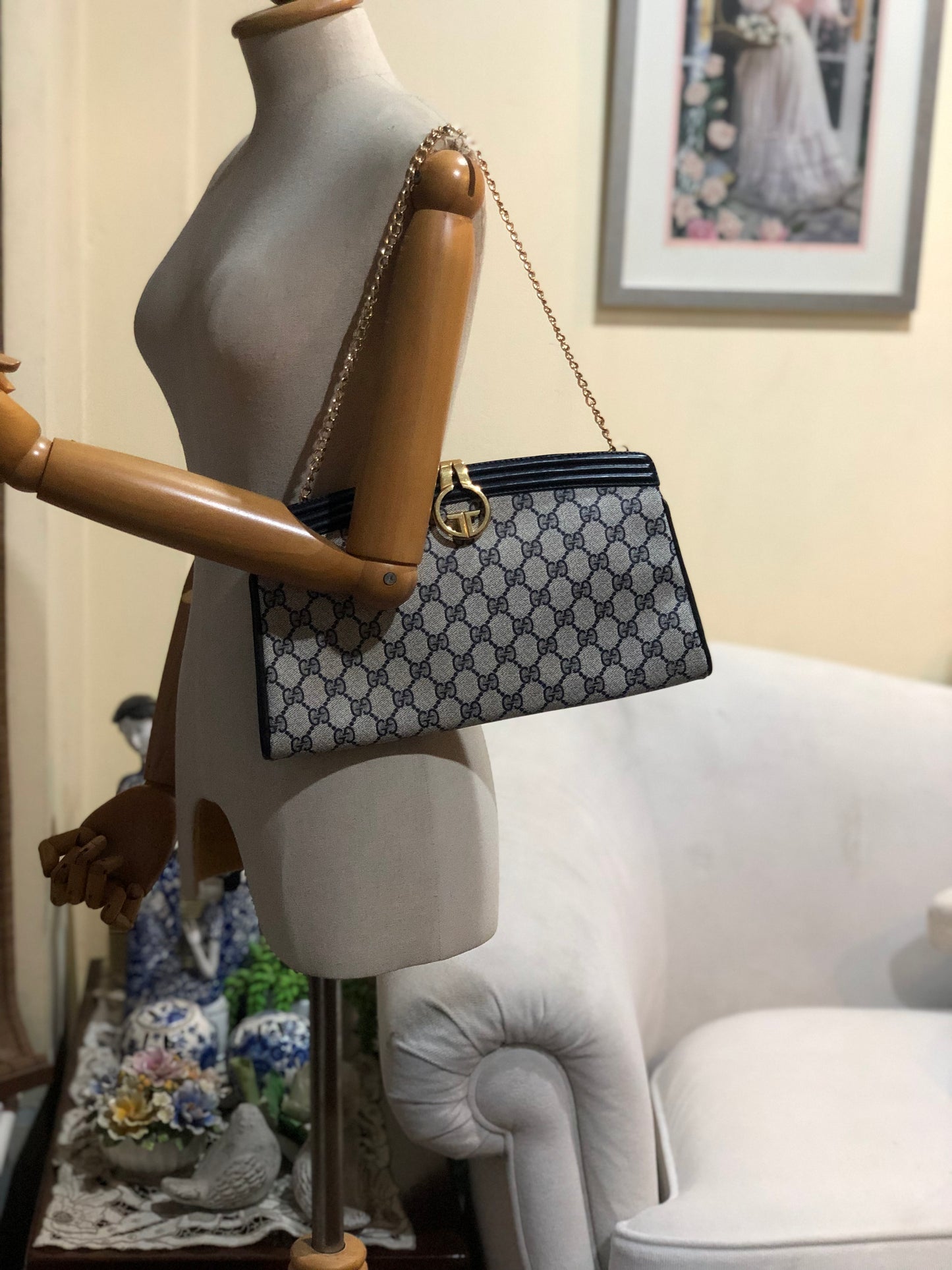 Authentic GUCCI Vintage Navy Blue Monogram Coated Canvas Clutch Added Strap Shoulder Bag