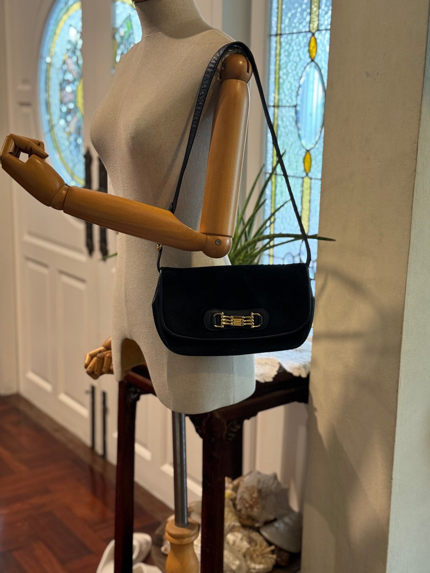 Authentic Celine Horse-bit Navy Blue Suede Shoulder Bag
