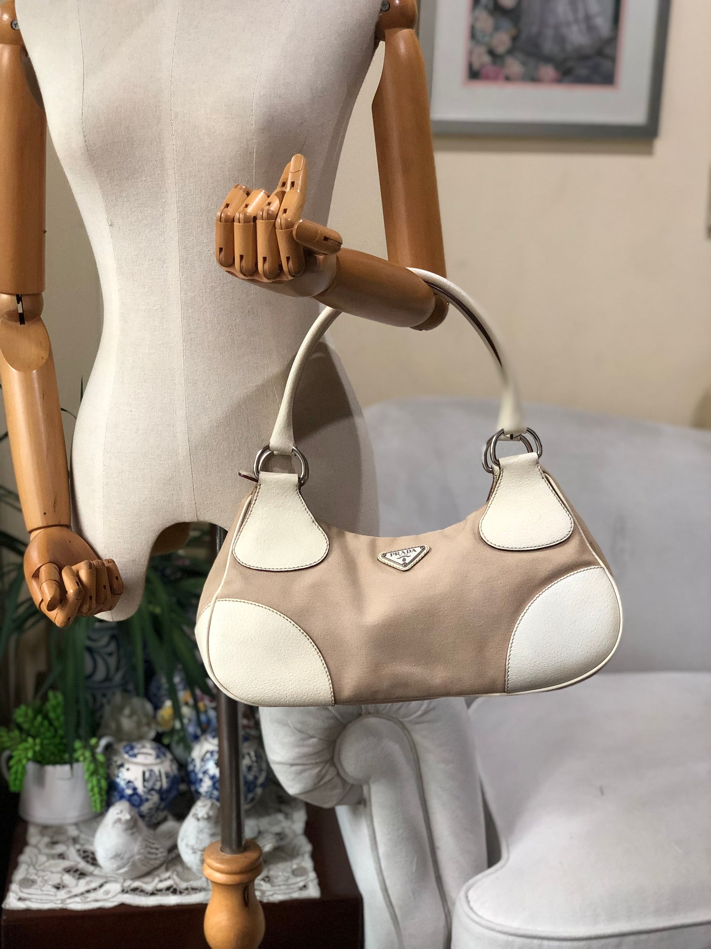 Authentic Prada Beige Canvas & Leather Bowling Handbag