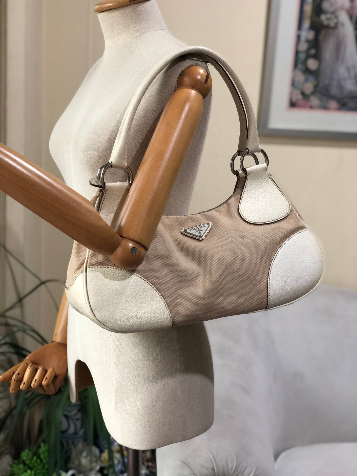 Authentic Prada Beige Canvas & Leather Bowling Handbag