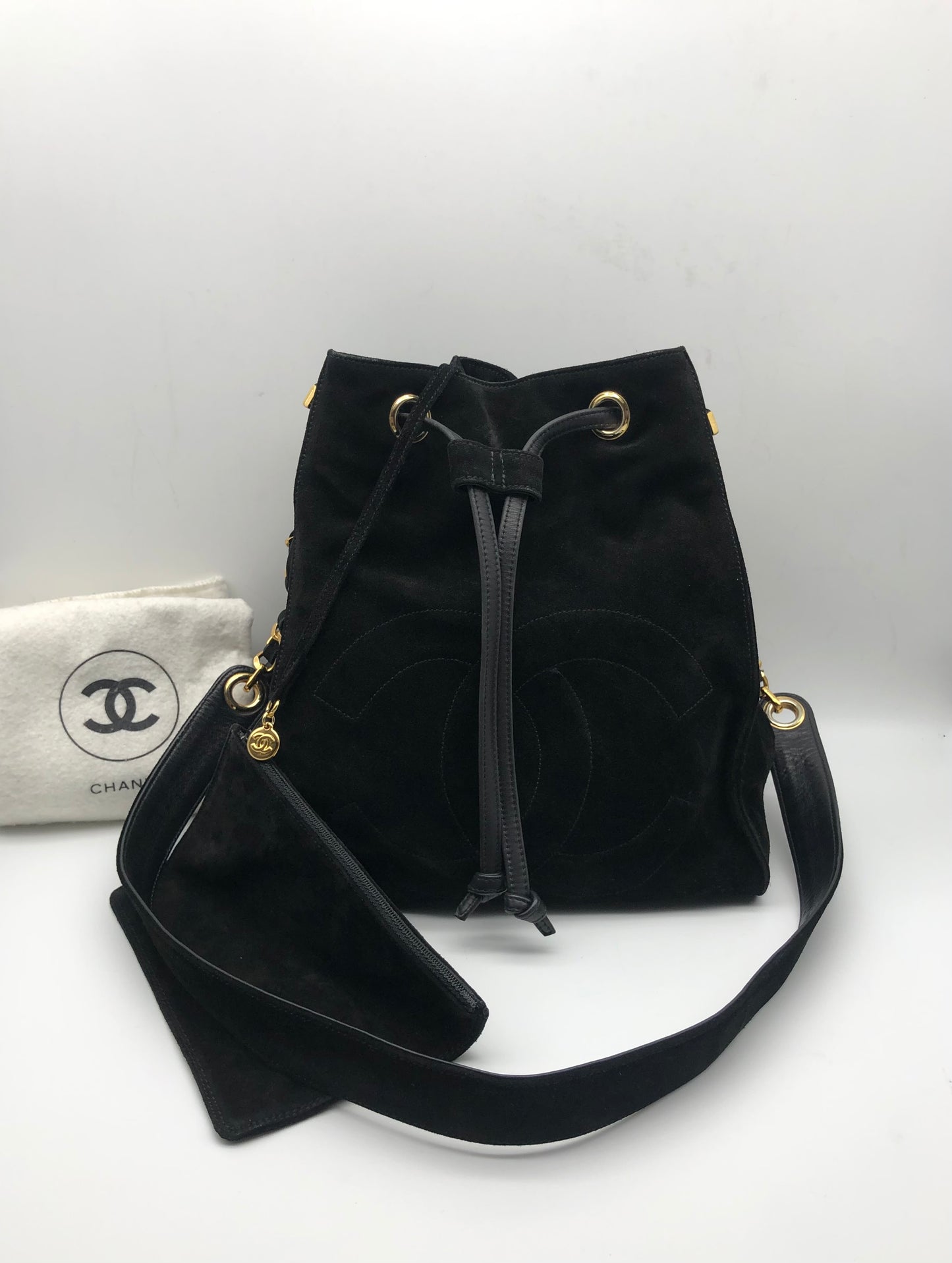 Authentic Chanel Vintage Black Suede Quilted CC Drawstring Bucket Shoulder Bag