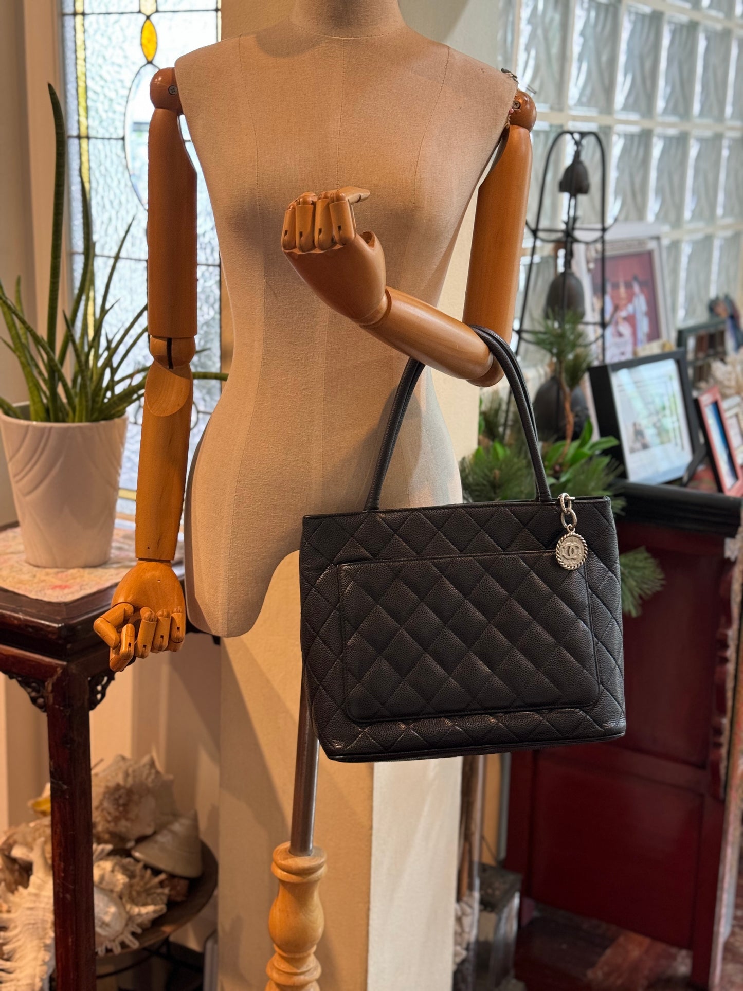 Authentic Chanel Black Matt Caviar Medallion Tote