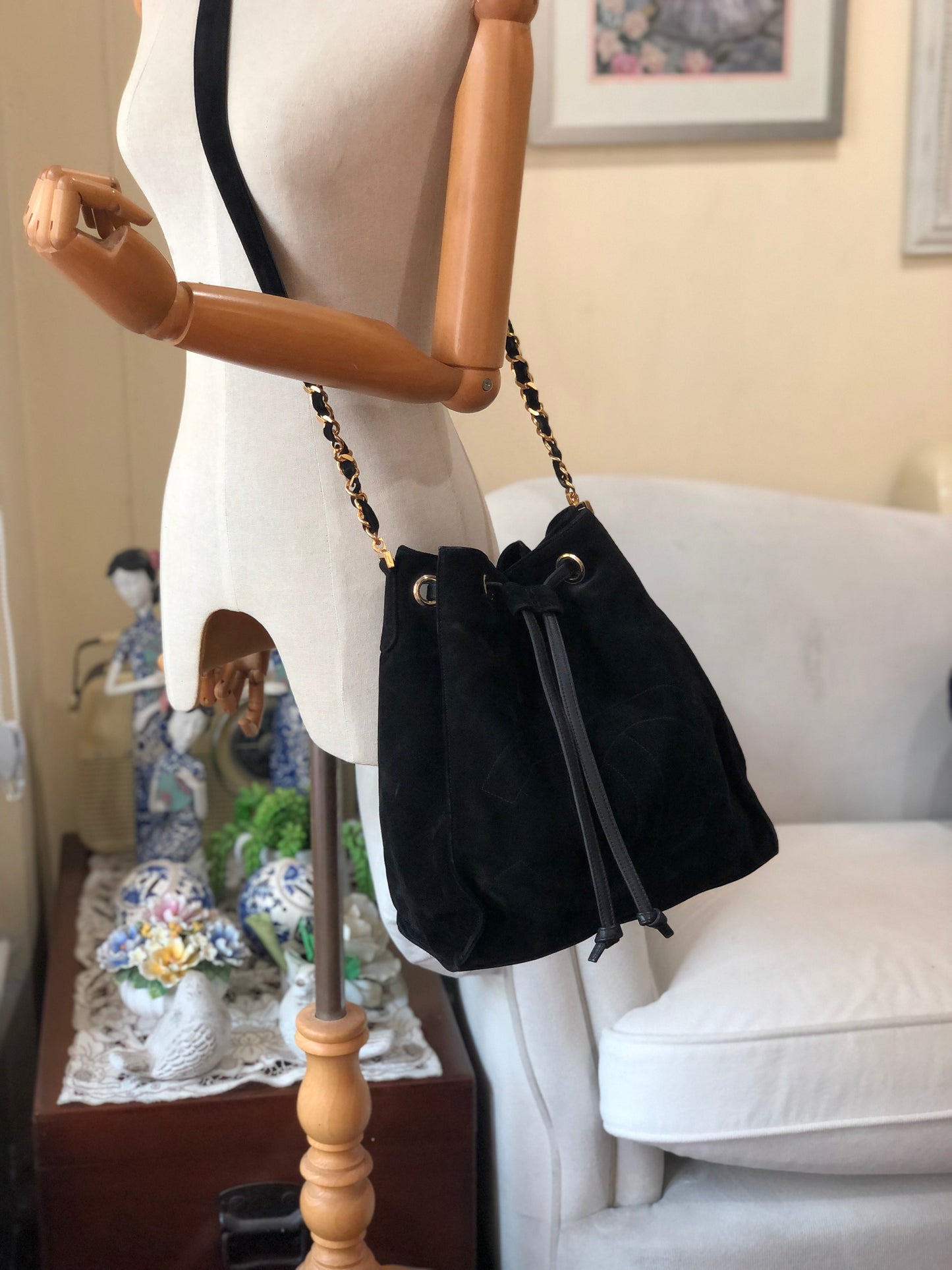 Authentic Chanel Vintage Black Suede Quilted CC Drawstring Bucket Shoulder Bag