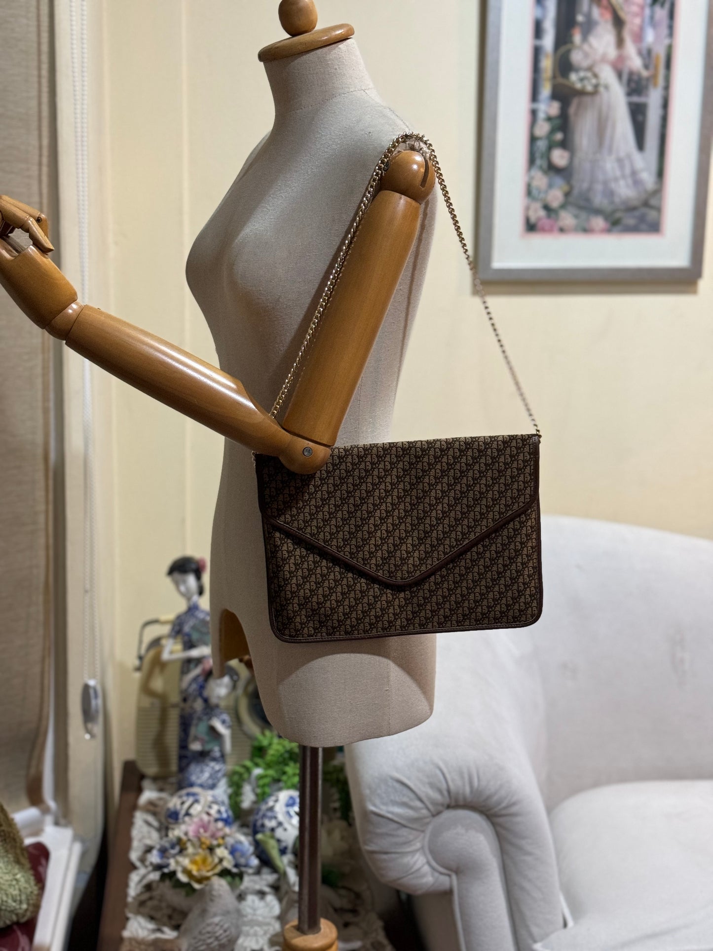 Authentic Dior Envelope Clutch Brown Trotter Canvas Added Strap Shoulder Bag