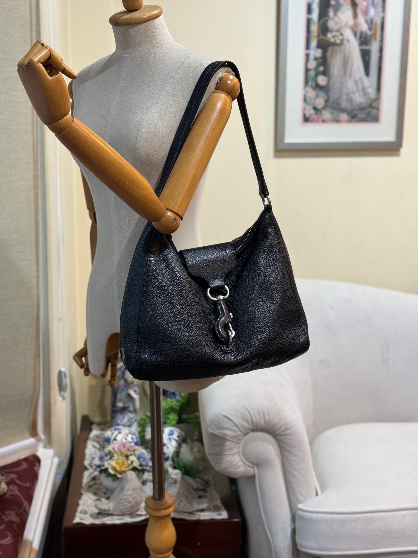 Authentic Prada Black Vitello Daino Leather Hobo Shoulder Bag