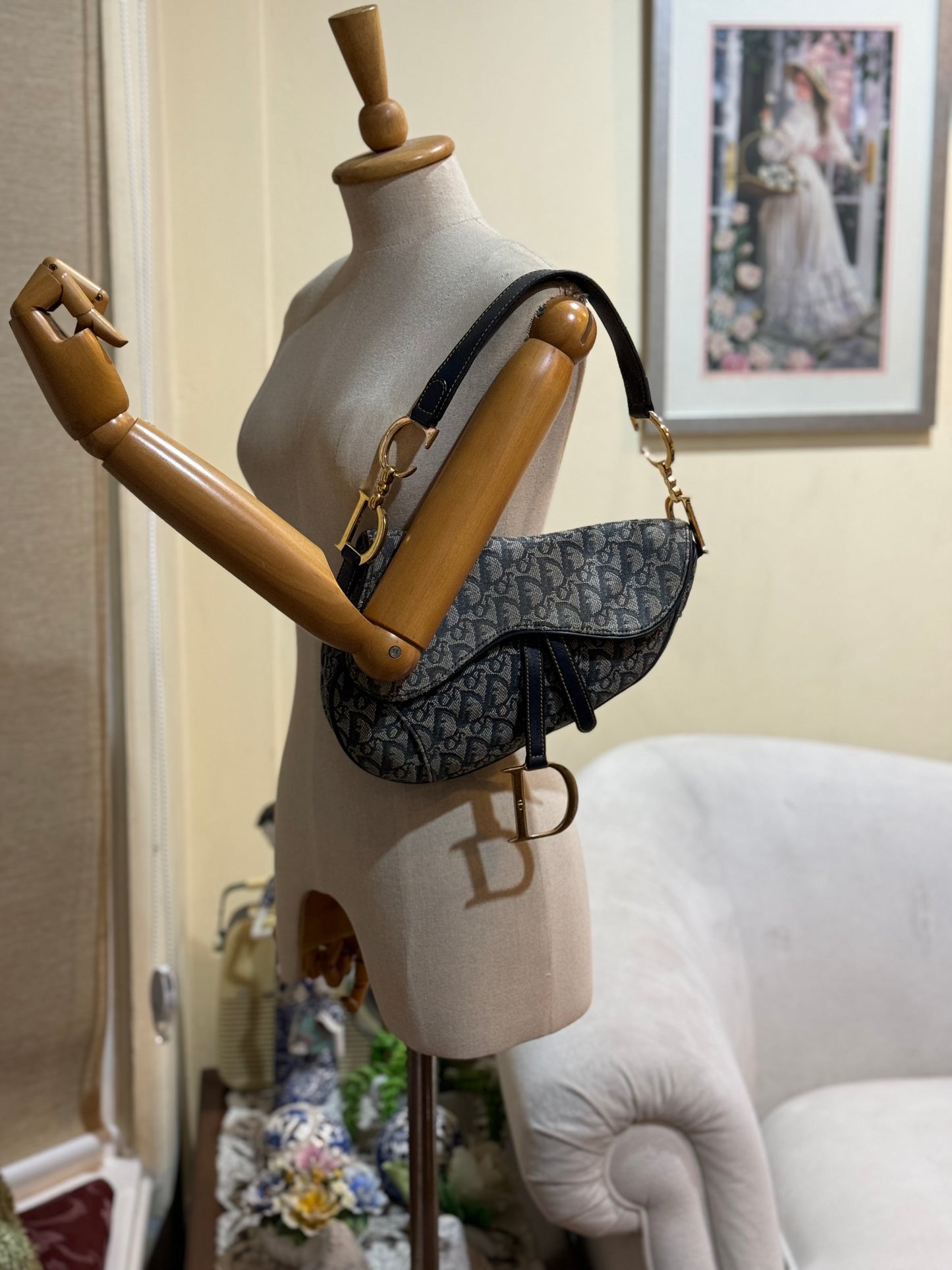 Authentic Christian Dior Navy Blue Trotter Canvas Saddle Shoulder Bag