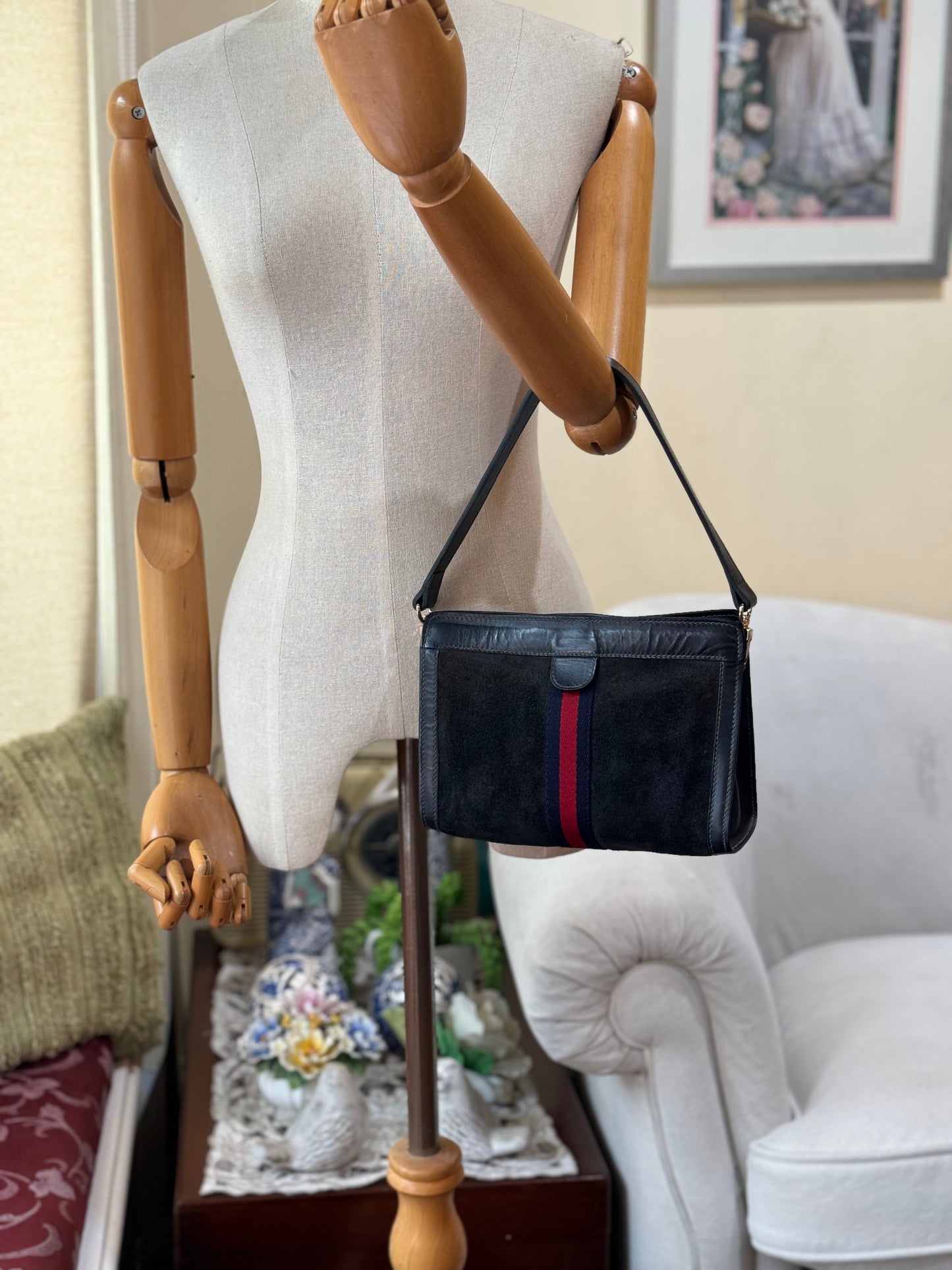 Authentic GUCCI Black Suede Clutch Added Strap Shoulder Bag