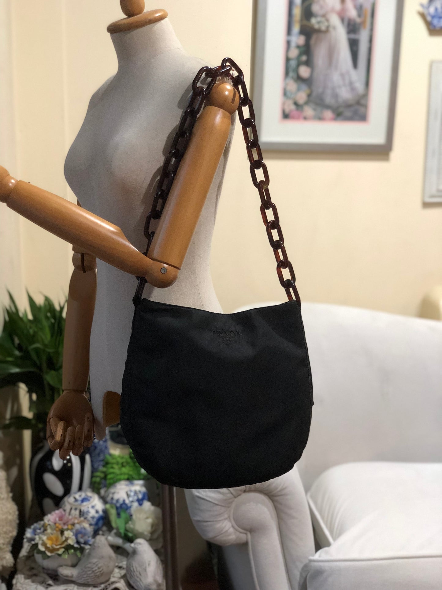 Authentic Prada Charcoal Black Nylon Brown Acrylic Chain Strap Shoulder Bag