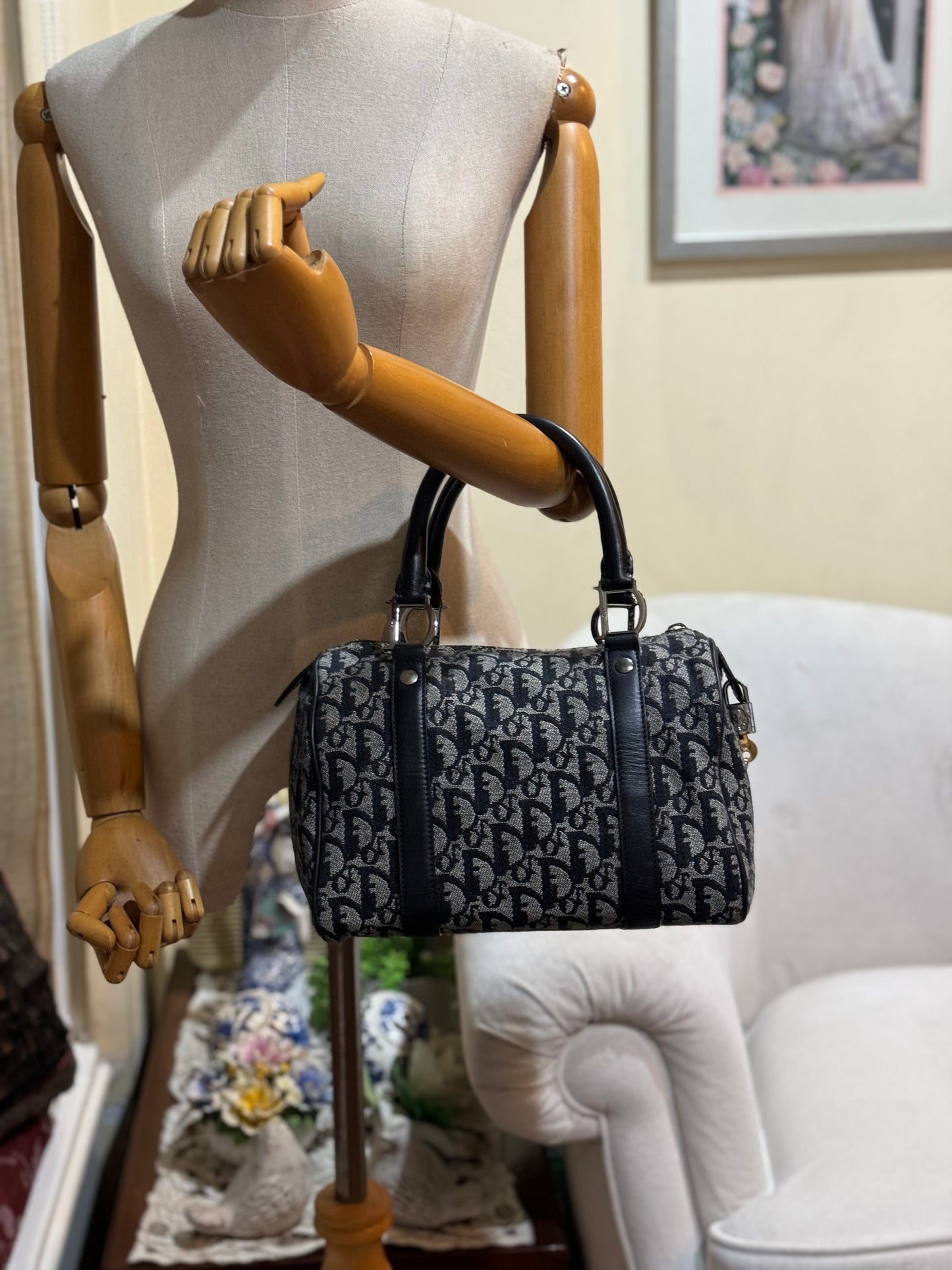 Authentic Christian Dior Boston 25 Black Trotter Jacquard Canvas Handbag