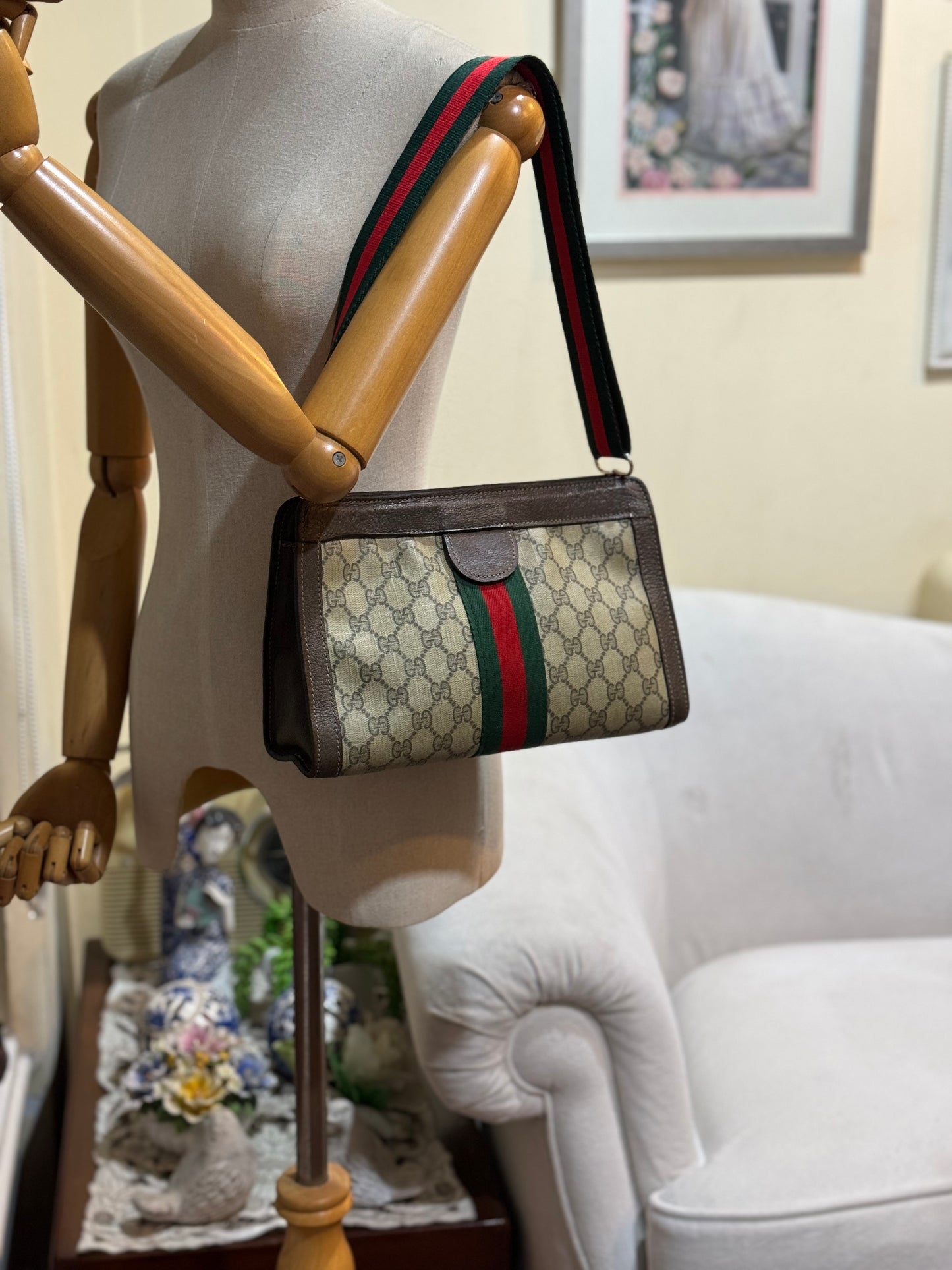 Authentic GUCCI Clutch Brown Monogram Added Strap Shoulder Crossbody Bag