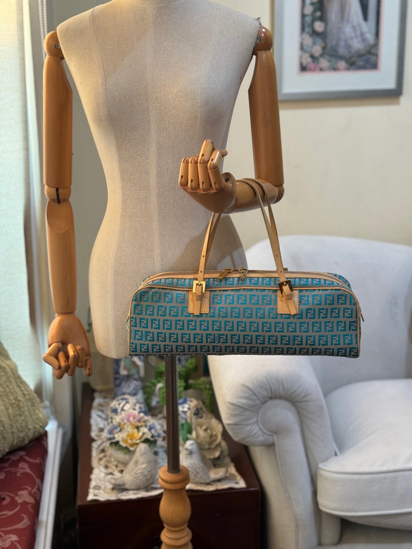 Authentic Fendi Ocean Blue FF Zucca Jacquard Cloth Handbag