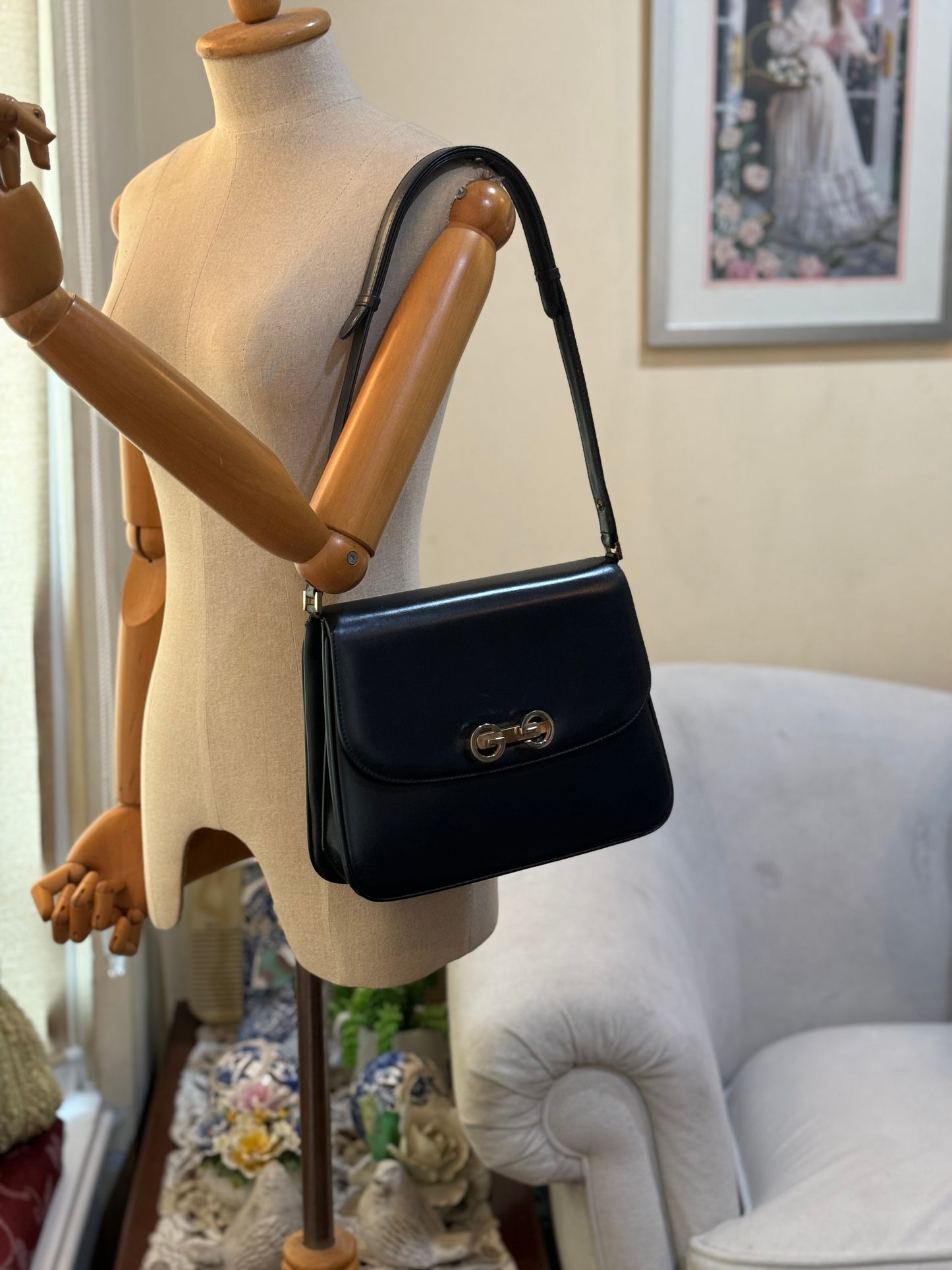Authentic GUCCI Vintage Navy Blue Leather Shoulder Handbag