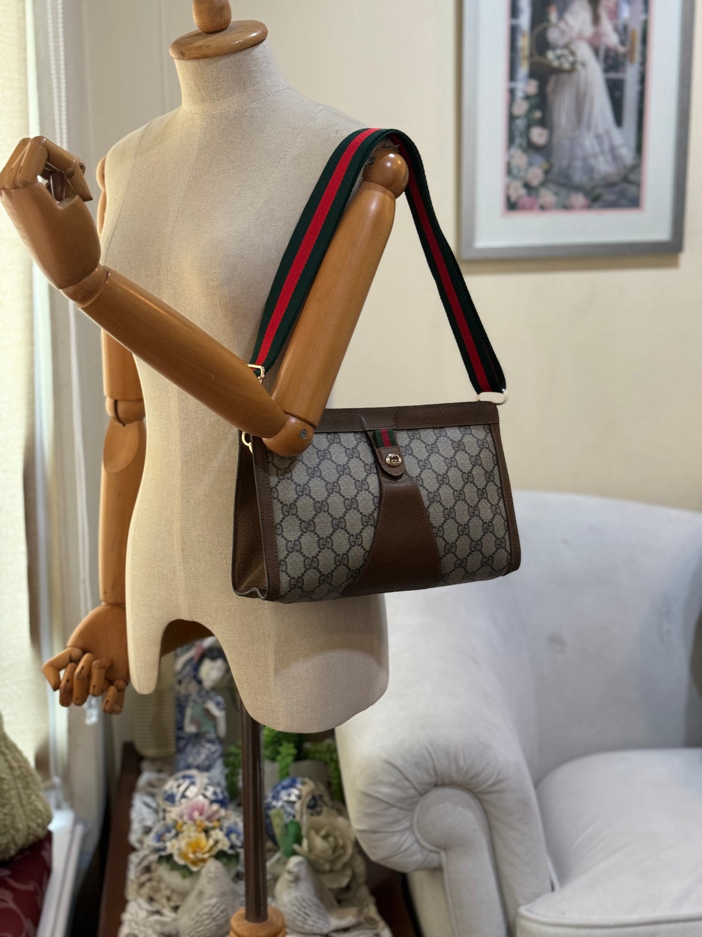 Authentic GUCCI Large Clutch GG Monogram Coated Canvas Added Strap Shoulder/Crossbody Bag