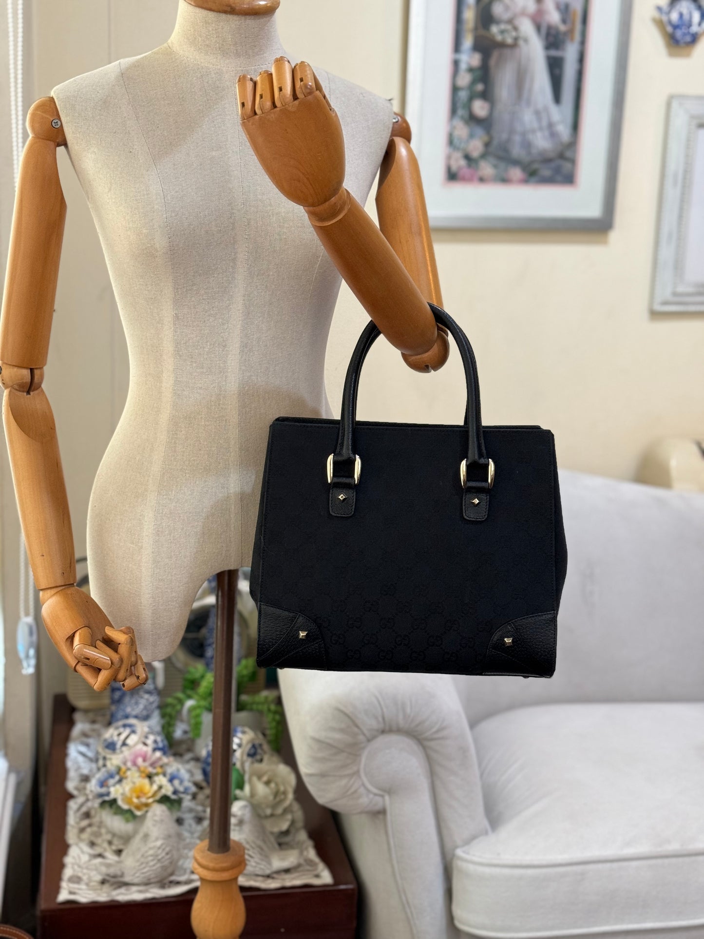 Authentic GUCCI Black GG Monogram Canvas Tote Handbag