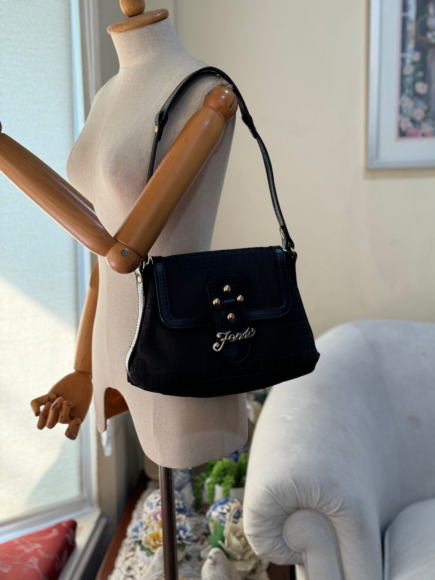 Authentic Fendi Vintage Baguette Black Cloth Shoulder Bag