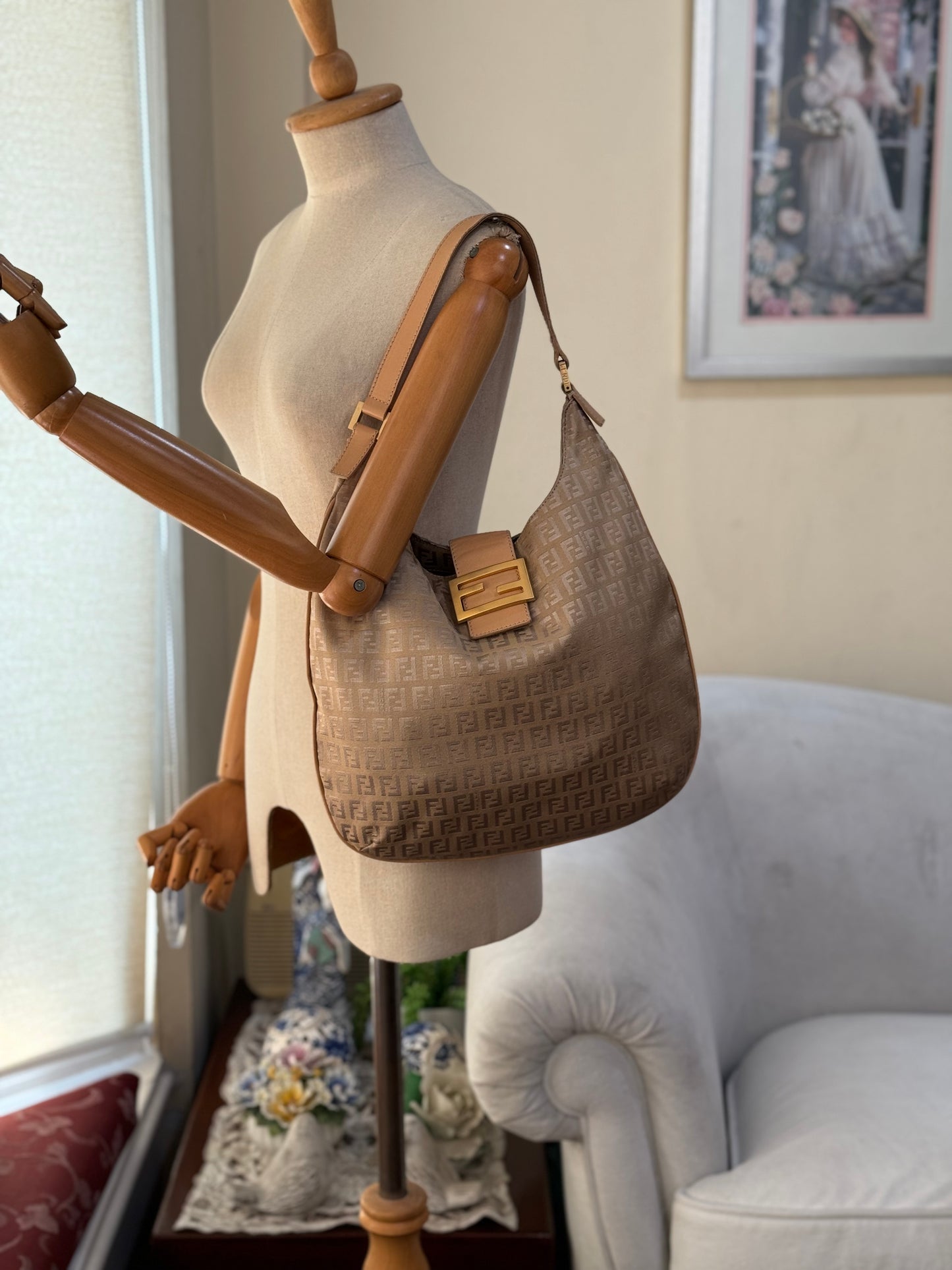 Authentic Fendi Golden Brown FF Zucca Jacquard Cloth Shoulder Bag