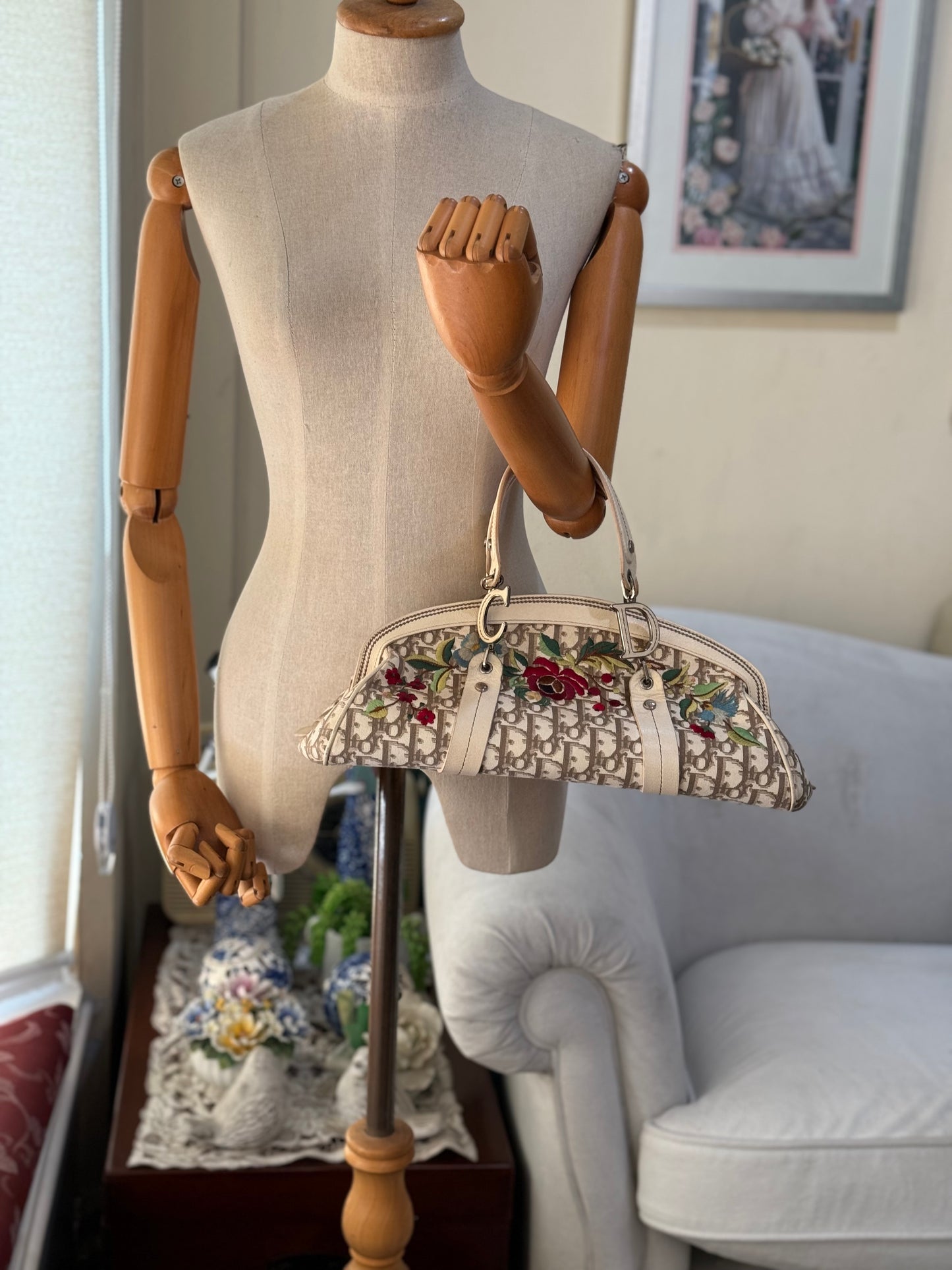Authentic Christian Dior Beige Trotter Cloth Multi-Color Embroidered Floral Bowler Bag