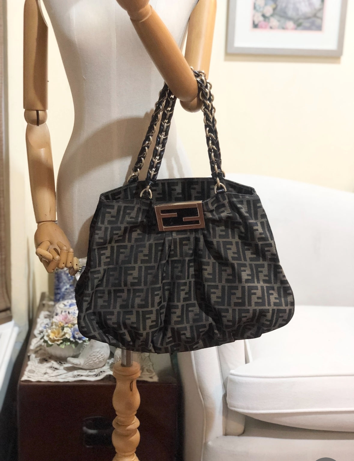 Authentic Fendi Mia Brown FF Zucca Large Tote Handbag