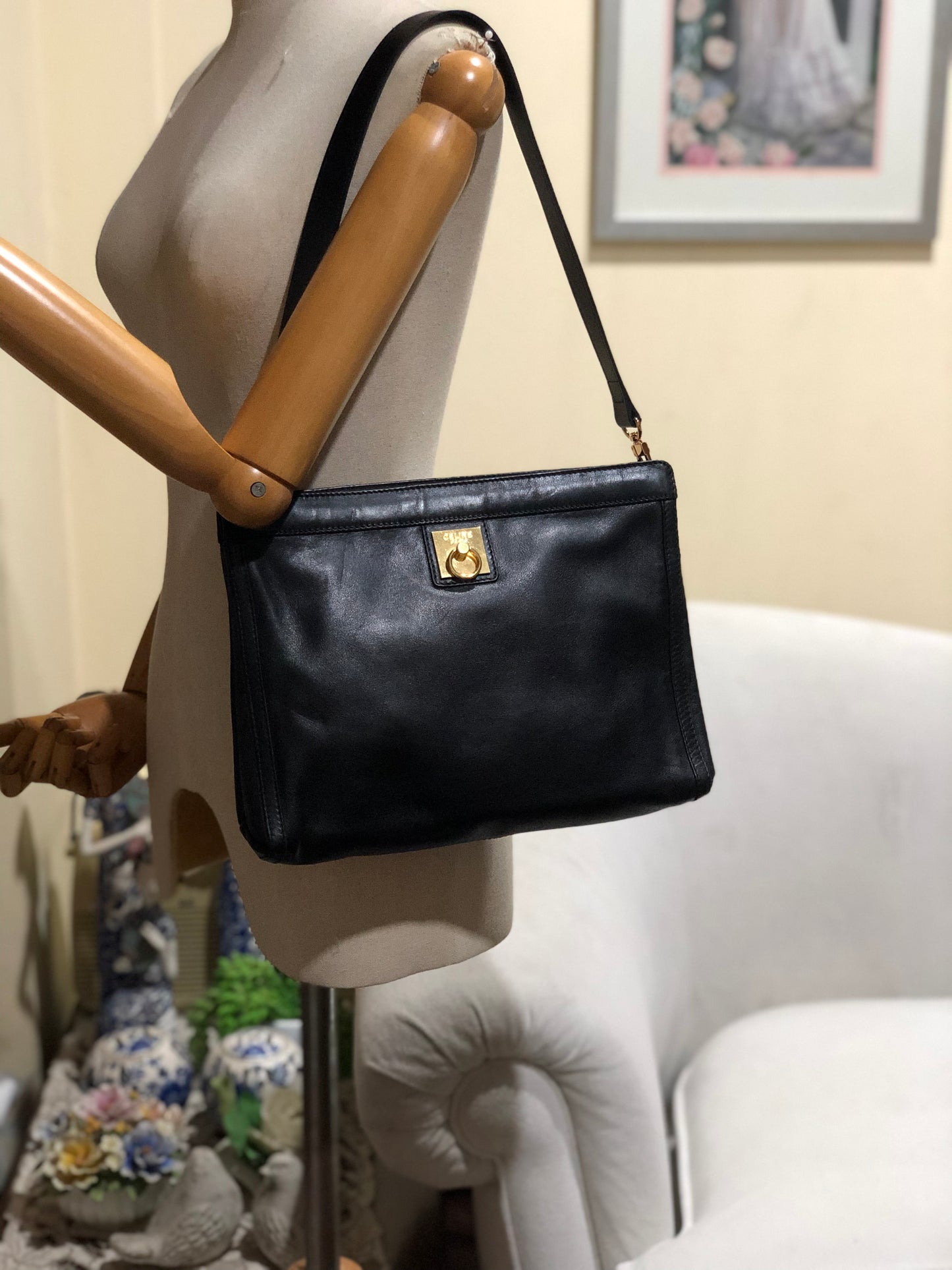 Authentic Celine Vintage Black Leather Clutch