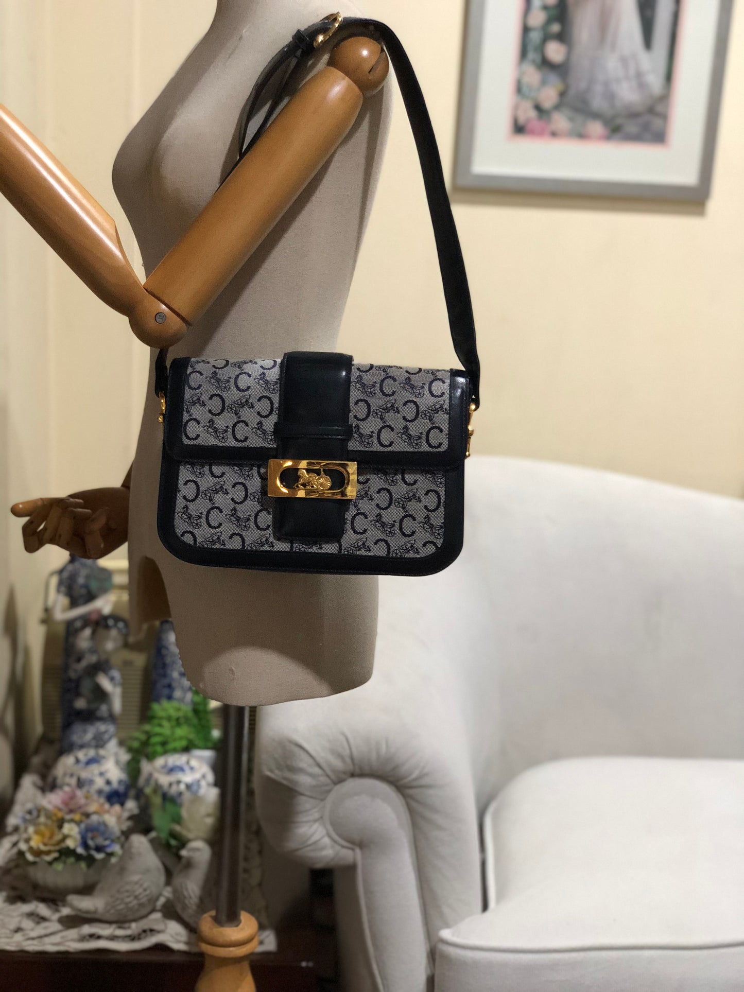 Authentic Celine Vintage 1970s Navy Blue Horse Carriage Shoulder Bag