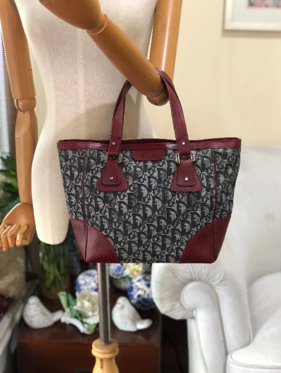 Authentic Christian Dior Tote Navy Blue Trotter Jacquard Cloth Handbag