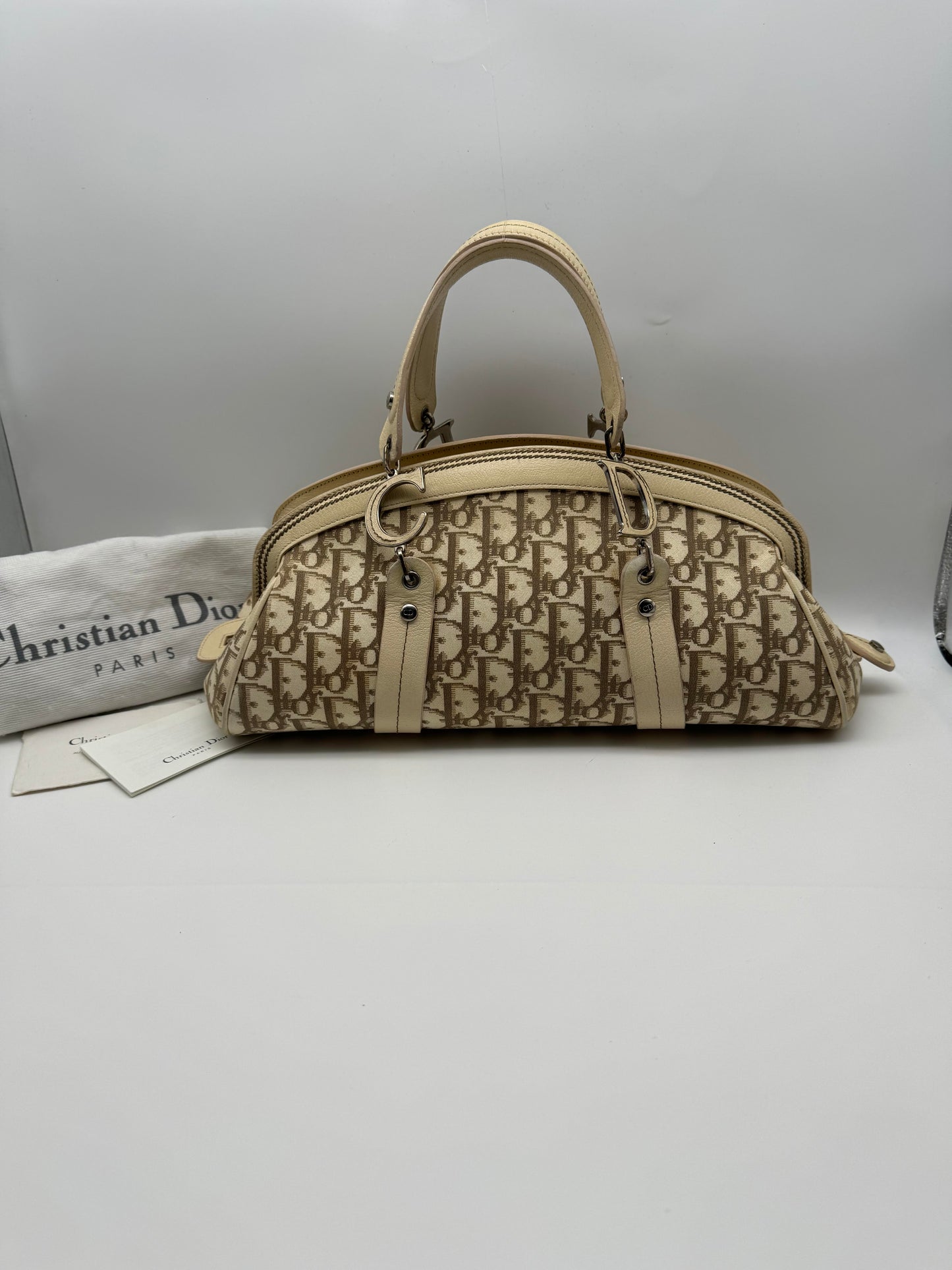 Authentic Christian Dior Beige Trotter Cloth Multi-Color Embroidered Floral Bowler Bag