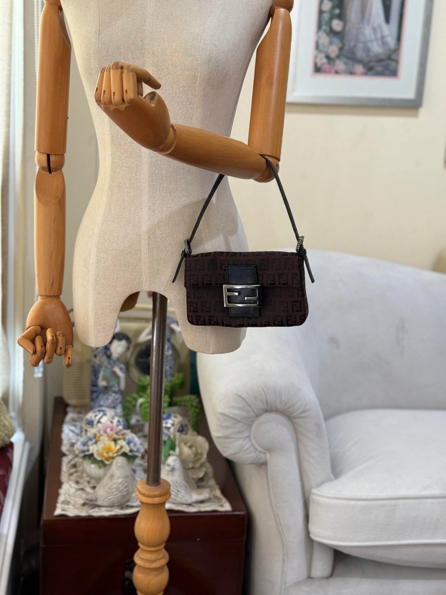 Authentic FENDI Mini Baguette Brown & Black Jacquard Cloth Shoulder Bag