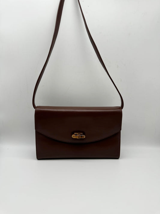 Authentic GUCCI Bamboo Turn-Lock Dark Brown Leather Clutch Shoulder Crossbody Bag